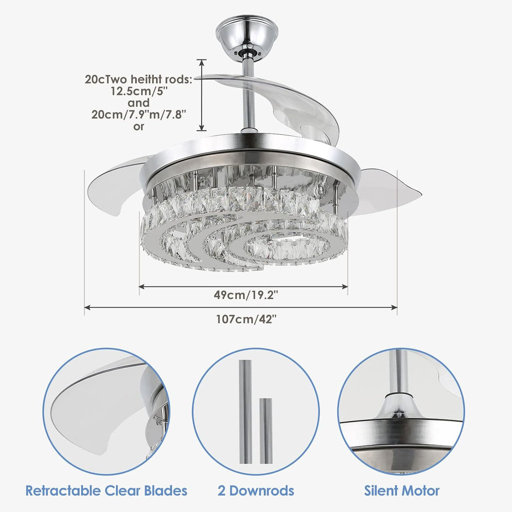 FRIXCHUR 42' Dimmable Fandelier Led Crystal Chandelier Ceiling Fans with Lights and Remote Moon Shape Retractable Chandelier Ceiling Fan for Bedroom Living Room Dining Room 30W*2