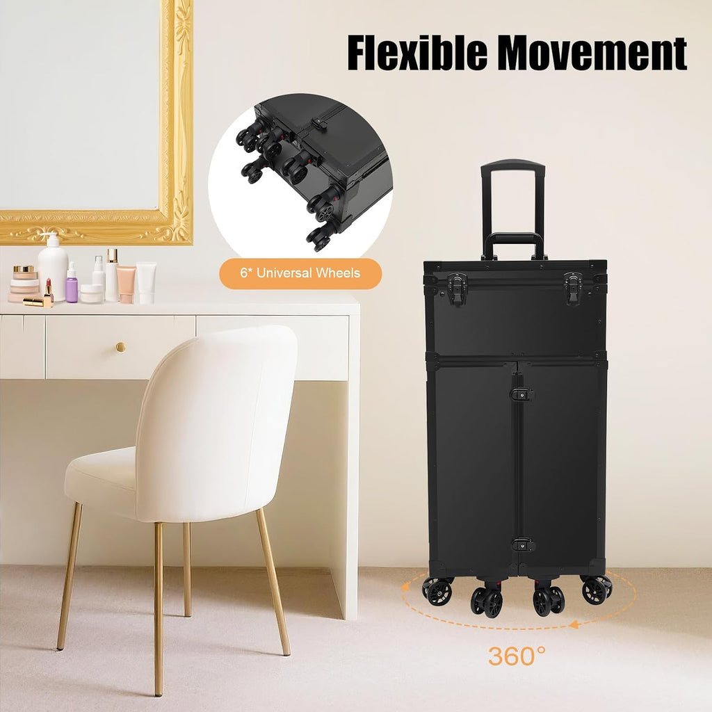 Rolling Makeup Case, Professional Makeup Train Case Cosmetic Trolley with Organizer, Black Makeup Storage Travel Case, for Makeup Artists, Salon, Travel, Beauty Facial Storage Organizer