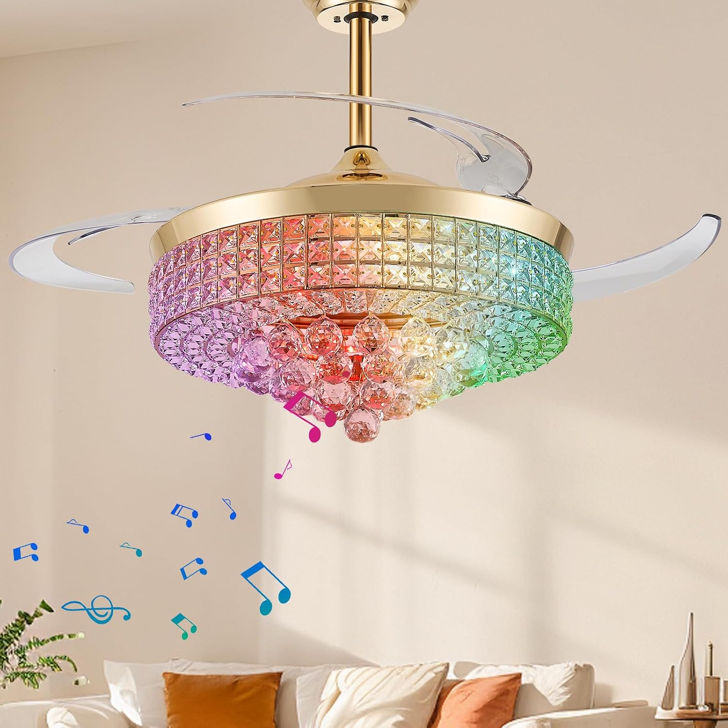 RGB Bluetooth Ceiling Fan with Light & Speaker, Gold, 48in | Retractable Crystal Fandelier, Music Crystal Chandelier Fan, 6-Speed APP Remote Control, Timer