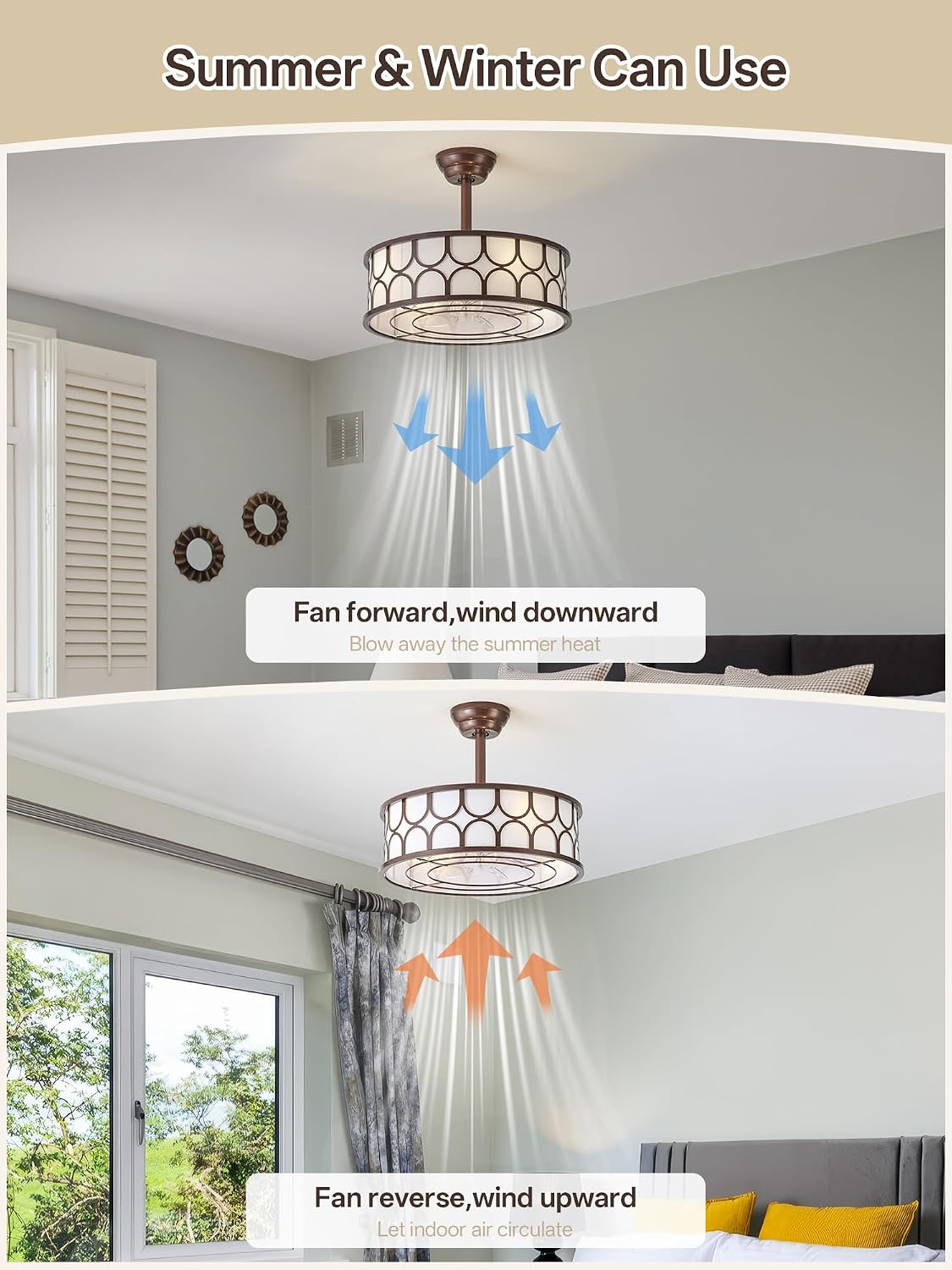 20' Brown Boho Fandelier Ceiling Fan with Lights, Caged Bladeless Ceiling Fan with Light Remote Control, Chandelier with 6 Speeds for Bedroom, Nursery, Living Room