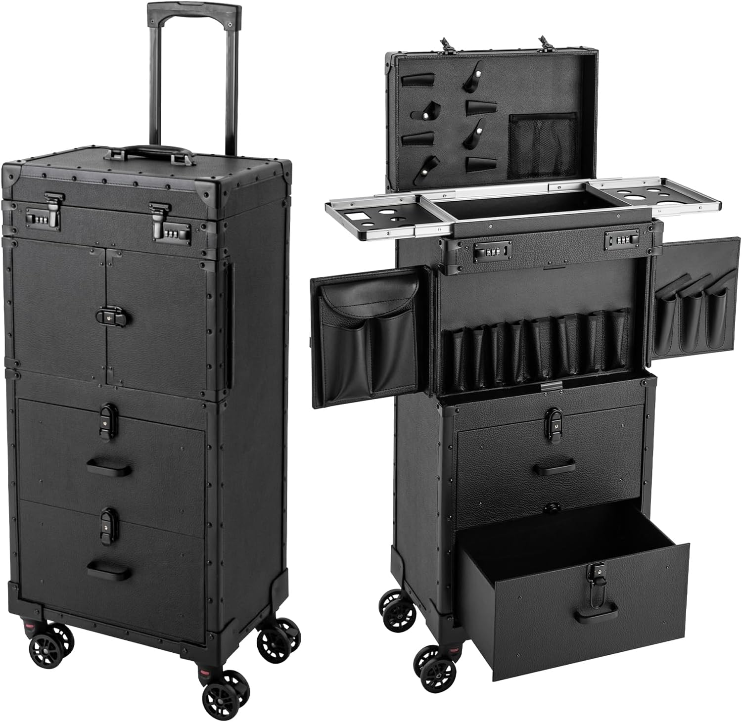 Makeup Rolling Case Professional Makeup Case with 360° Swivel Wheels Cosmetic Rollings Case Rolling Nail Cases for Make Up Nail Hairstylists (Black)
