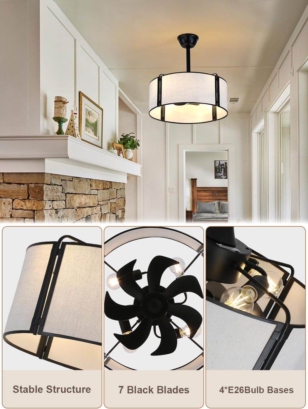 20'' Caged Ceiling Fans with Lights, Fabric Fandelier Ceiling Fan with Light, Boho Farmhouse Style, 6 Speeds for Bedroom, Nursery, Living Room