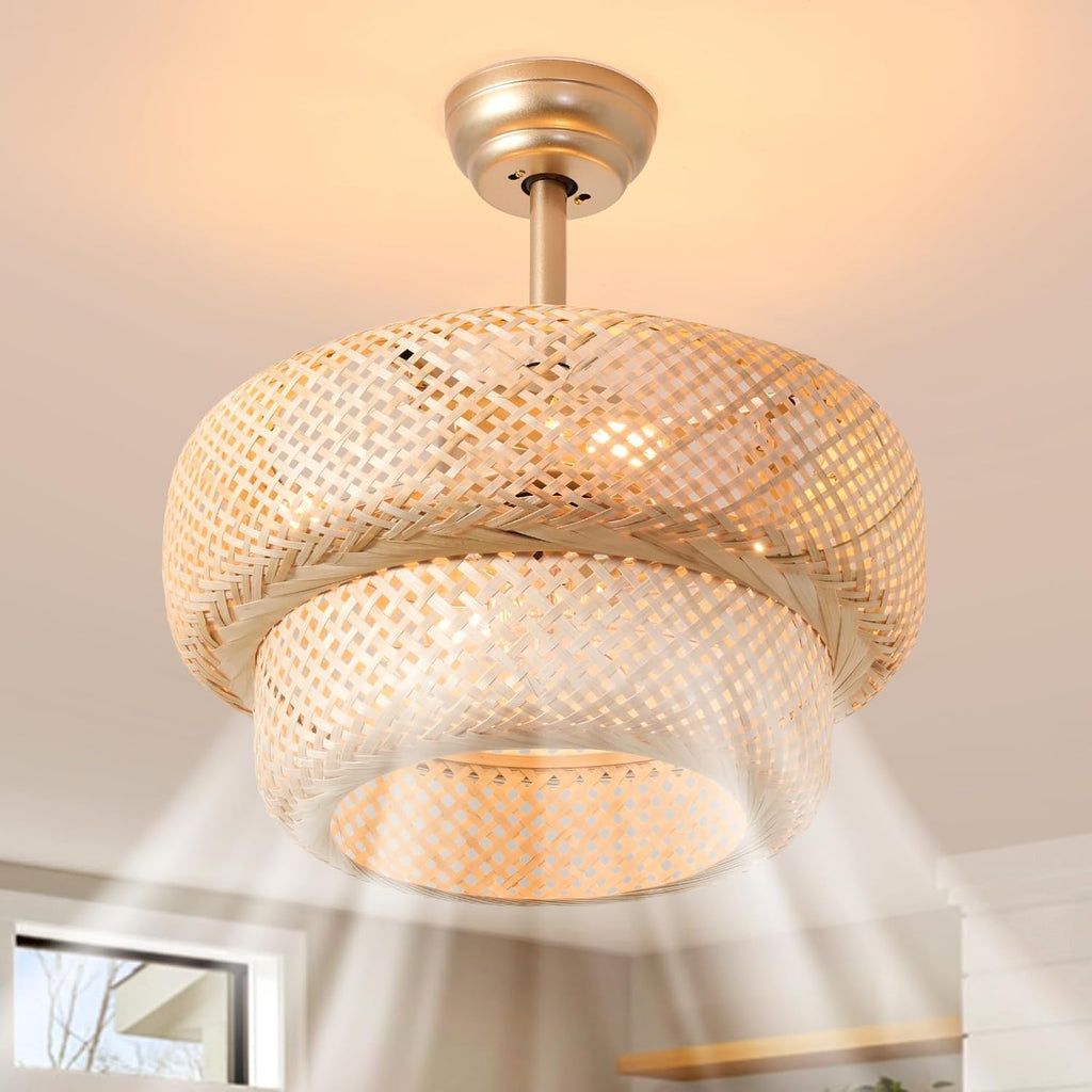 Fandelier Ceiling Fan with Light - 18.9' Boho Rattan Caged Ceiling Fan, Remote Controlled Wicker Chandelier Fan Light Fixture for Bedroom, Kitchen, Living Room, Nursery, E26 Base