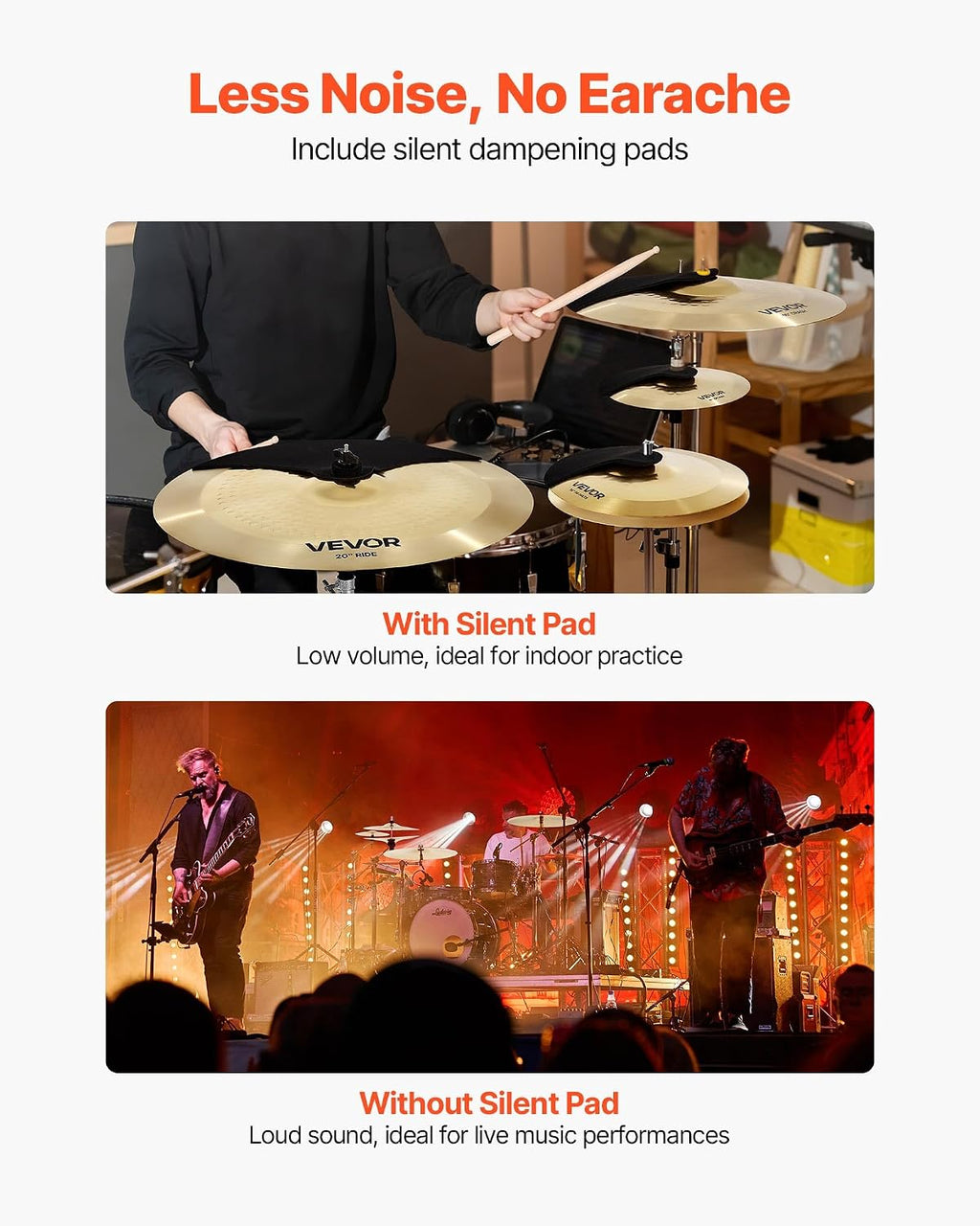 VEVOR Cymbal Pack, 4 Pieces Cymbals for Drum Set, Alloy Cymbals Drum Set Includes 14-inch Hi-Hats, 16-inch Crash, 20-inch Ride, 10-inch Splash, Drumsticks & Cymbal Bag, Alloy Cymbal Pack for Drummer