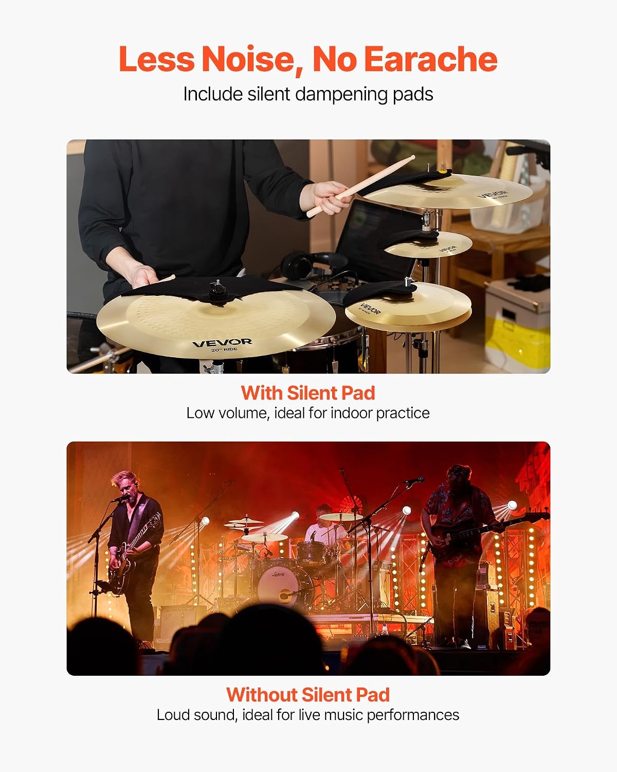 VEVOR Cymbal Pack, 4 Pieces Cymbals for Drum Set, Alloy Cymbals Drum Set Includes 14-inch Hi-Hats, 16-inch Crash, 20-inch Ride, 10-inch Splash, Drumsticks & Cymbal Bag, Alloy Cymbal Pack for Drummer