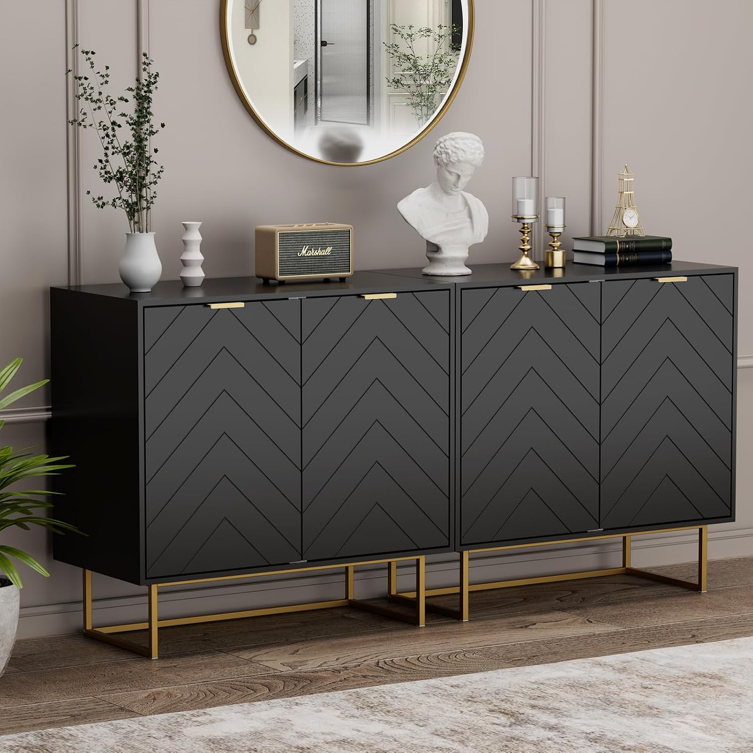 Scurrty Sideboard Buffet, Buffet Cabinet with Storage Set of 2, Sideboard Storage with Adjustable Shelf, Accient Cabinet for Living Room, Kitchen, Black