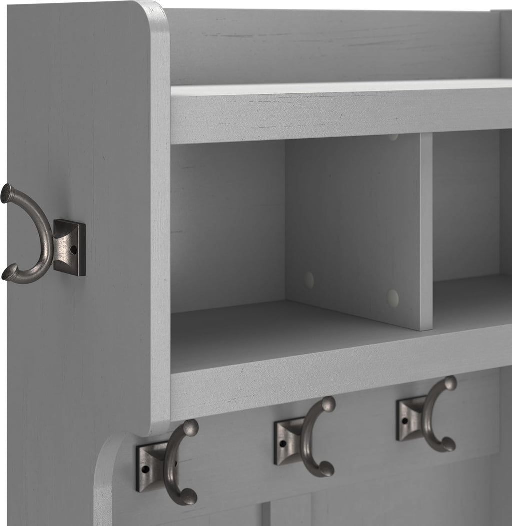 Bush Home Woodland 40W Hall Tree and Shoe Storage Bench with Shelves in Cape Cod Gray, Cubbies and Coat Hooks for Foyer, Mudroom, or Entryway