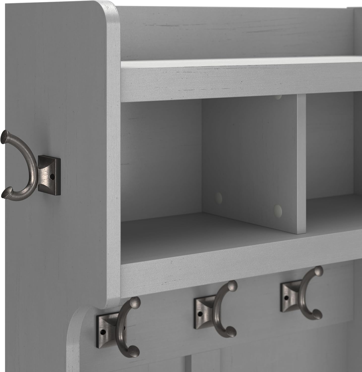 Bush Home Woodland 40W Hall Tree and Shoe Storage Bench with Shelves in Cape Cod Gray, Cubbies and Coat Hooks for Foyer, Mudroom, or Entryway