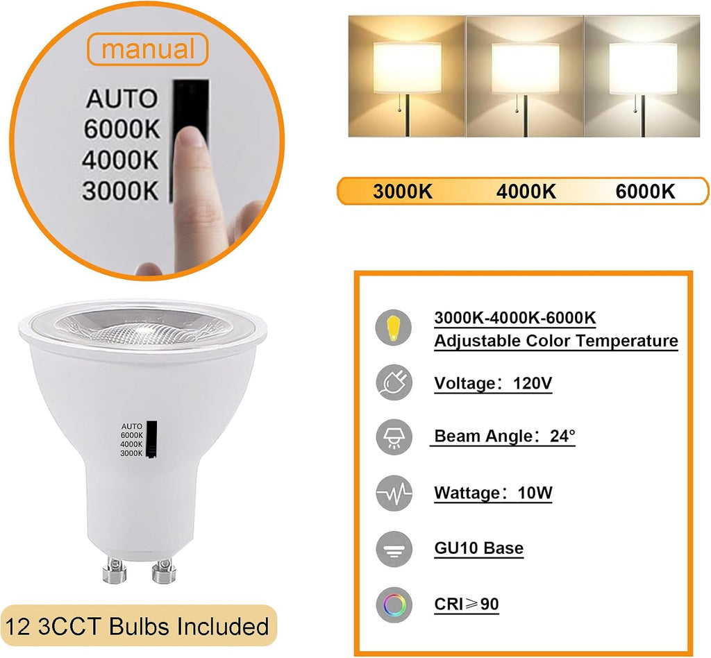 GU10 Track Lighting Fixtures, White Plug in 3CCT Complete Kit with 4 * 3.28FT H Track Rails and 12 Track Light Heads, 120V Brightness Dimmable Ceiling Spotlight Fixture for Accent Lighting
