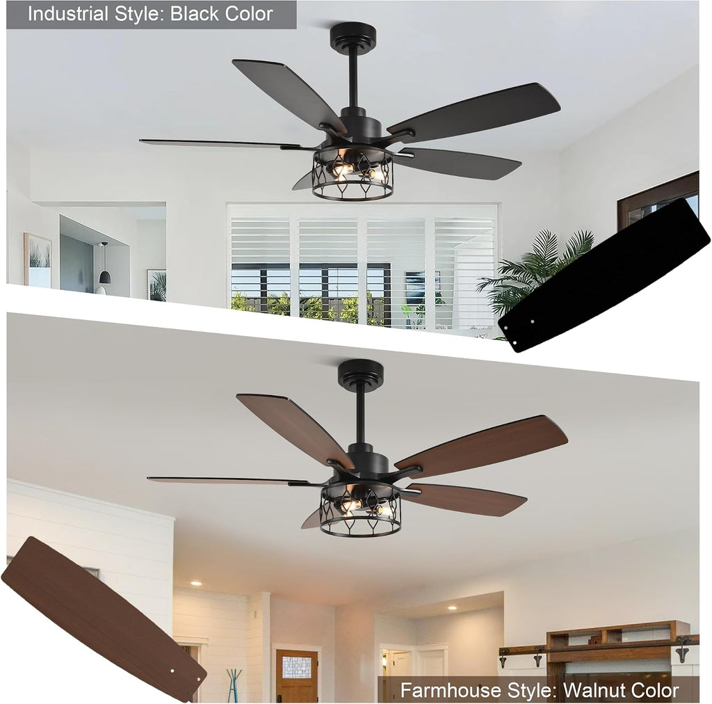 52 Inch Farmhouse Ceiling Fan with Lights Rustic Ceiling Fan Industrial Caged Black Fandelier Chandelier Light for Living Room Indoor Outdoor, Remote Control, Reversible 6 Speeds