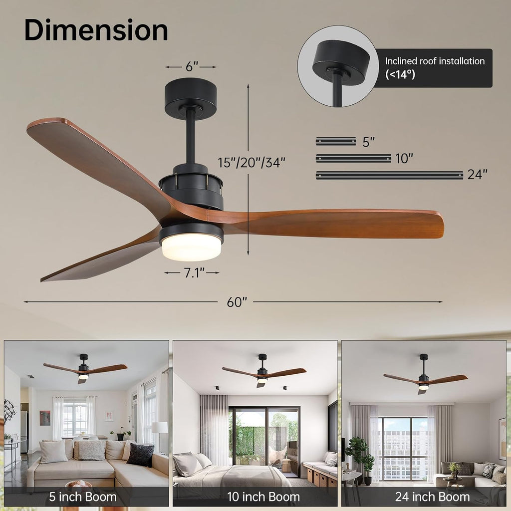 Sofucor 60 inch Ceiling Fan with Lights and Remote, Modern Large LED Wood Ceiling Fan for Indoor Living Room Bedroom Outdoor Patio Porch, Reversible DC Motor