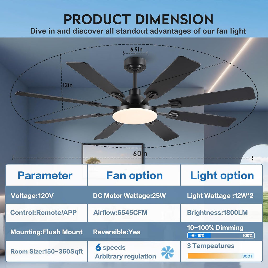 JSAITEE 60In Ceiling Fans with Lights - Black Low Profile Fan Light with 8 Blades, 6 Wind Speeds Reversible, Dimmable, Modern Light Fixture for Indoor Living Room, Kitchen, Coverd Patios