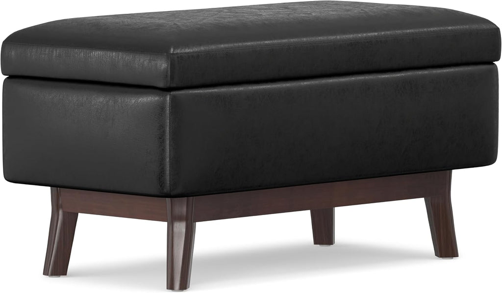 SIMPLIHOME Owen Small Rectangular Storage Ottoman - 36 inch Wide Upholstered Vegan Leather Lift-Top Ottoman in Distressed Black, Mid-Century Modern Ottoman for Living Room with Tufted Detail