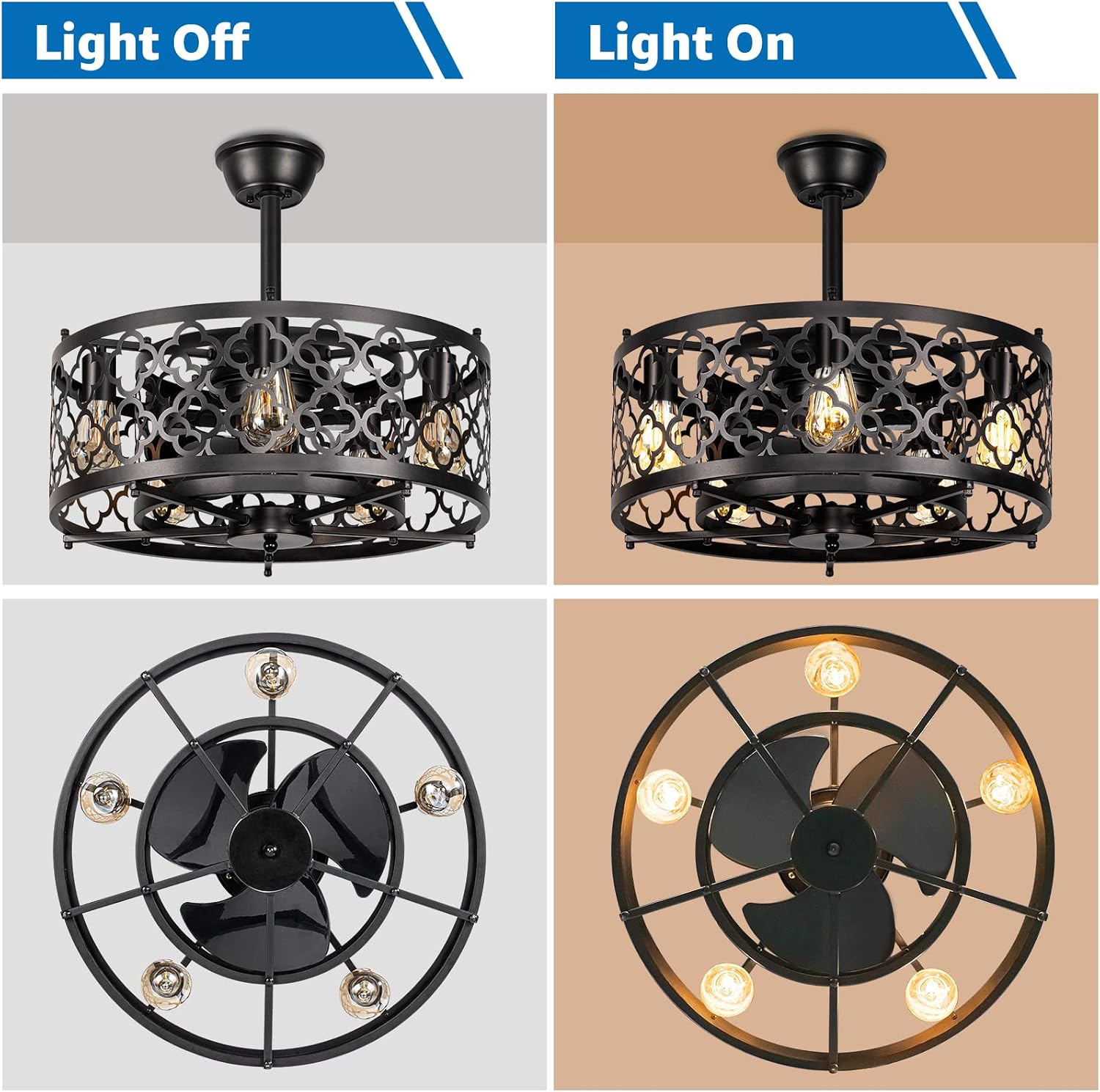 SUNVIE Caged Ceiling Fan with Lights Remote Control 21in Industrial Bladeless Enclosed Ceiling Fan Light with Reversible Motor for Bedroom Kitchen Living Room 5 E26 Base(No Bulb)