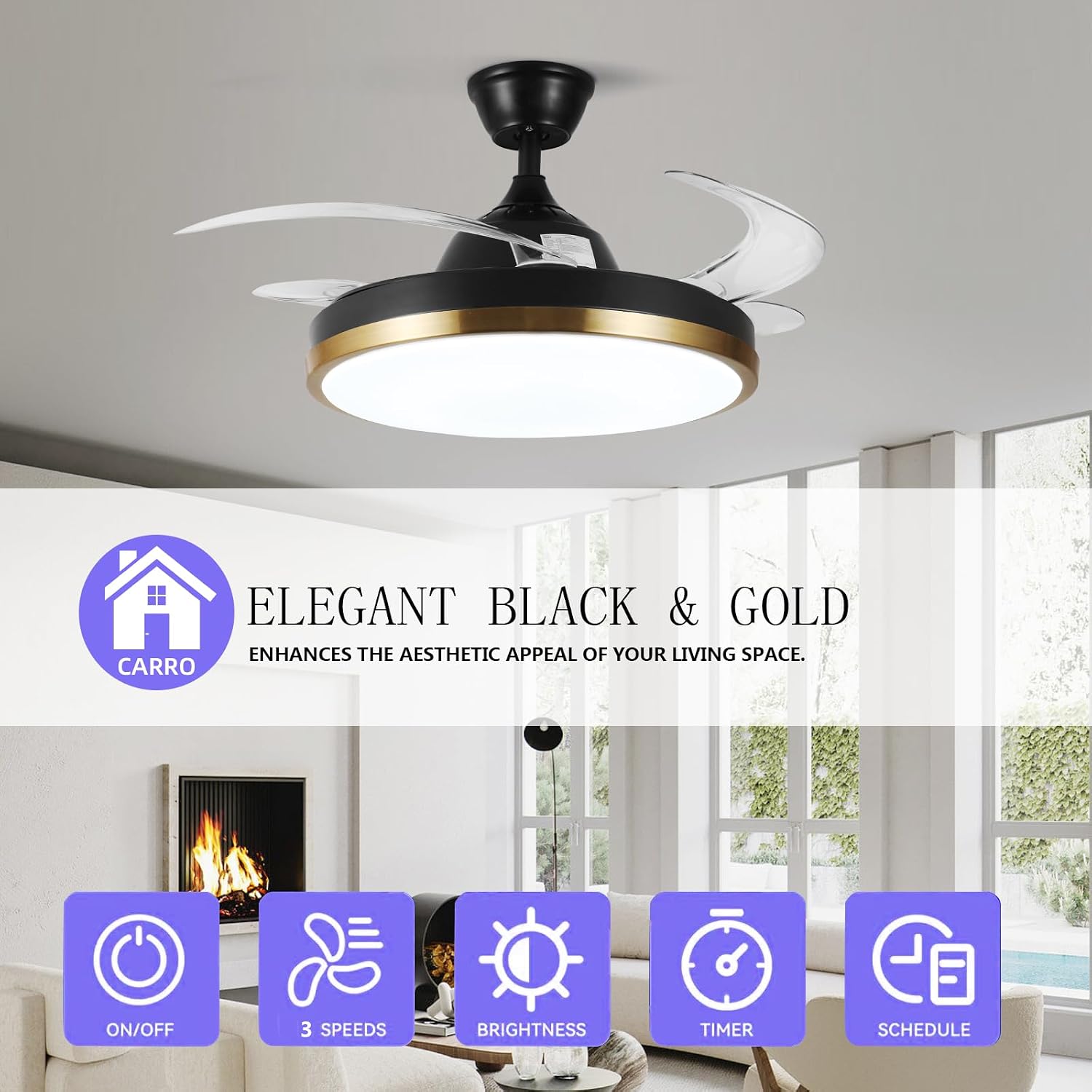 Retractable Ceiling Fan with Lights, 42' Fandelier, Black and Gold Bluetooth Ceiling Fan, Invisible Blades, Dimmable Chandelier Ceiling Fan with Remote Control