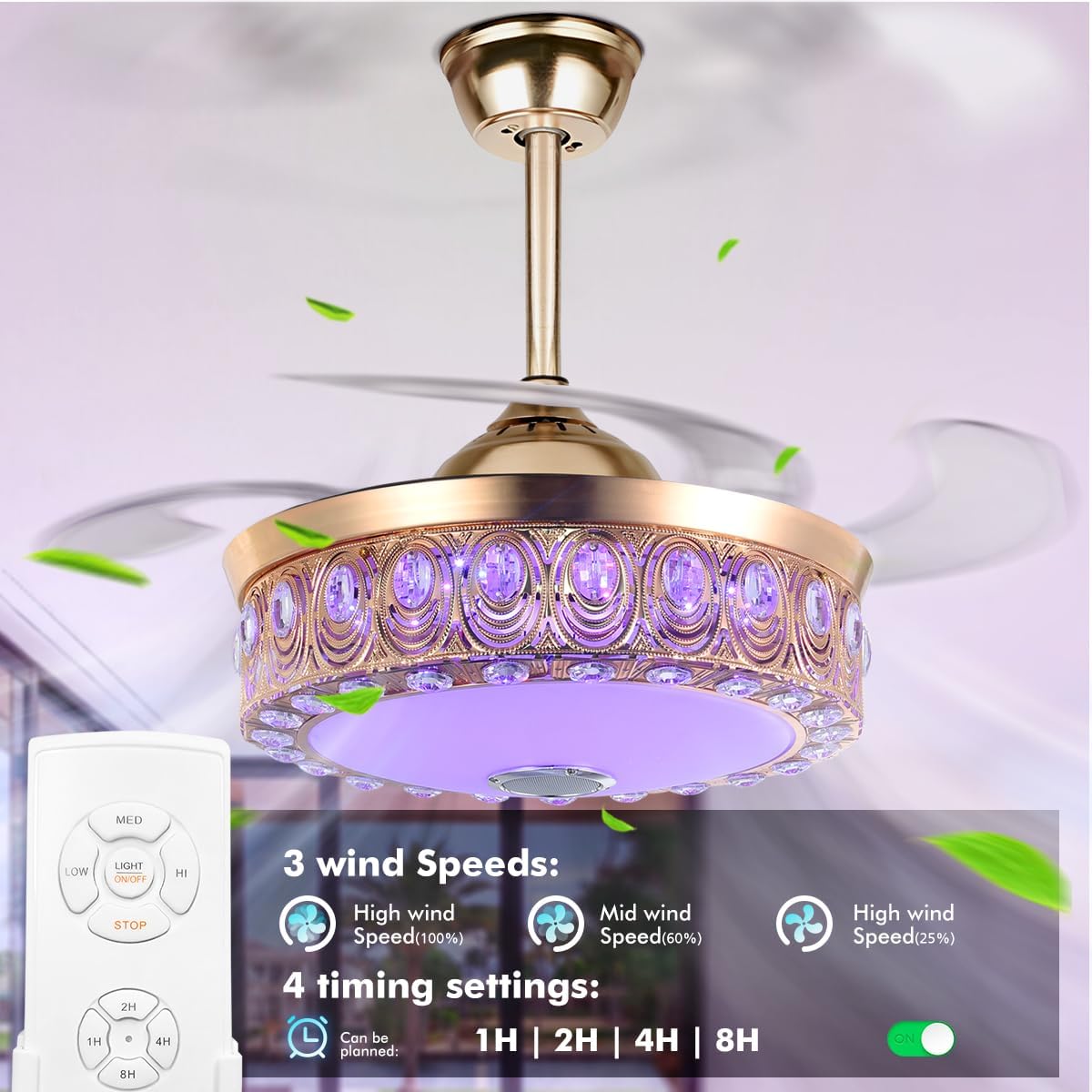 42' Crystal Fandelier Ceiling Fan with Light and Remote Bluetooth Speaker Modern Gold Chandelier Ceiling Fan Dimmable RGB Colors Retractable Blades for Dinning Room Bedroom