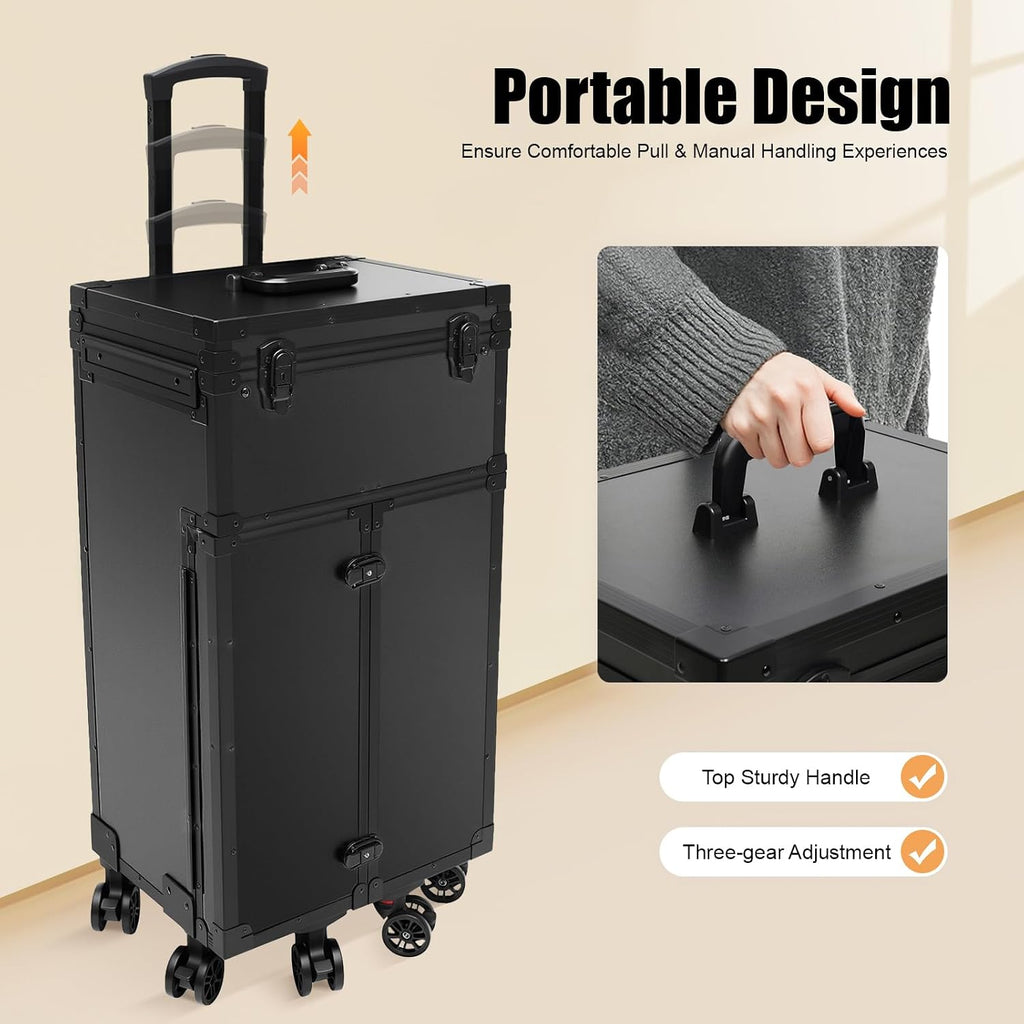Professional Rolling Makeup Case, Beauty Classified Storage Trolley Travel Train Case with 6* Universal Wheels for Makeup Enthusiast Hair Barbers Stylist Nail Technician Black