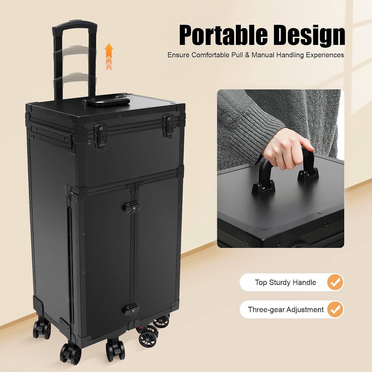 Professional Rolling Makeup Case, Beauty Classified Storage Trolley Travel Train Case with 6* Universal Wheels for Makeup Enthusiast Hair Barbers Stylist Nail Technician Black