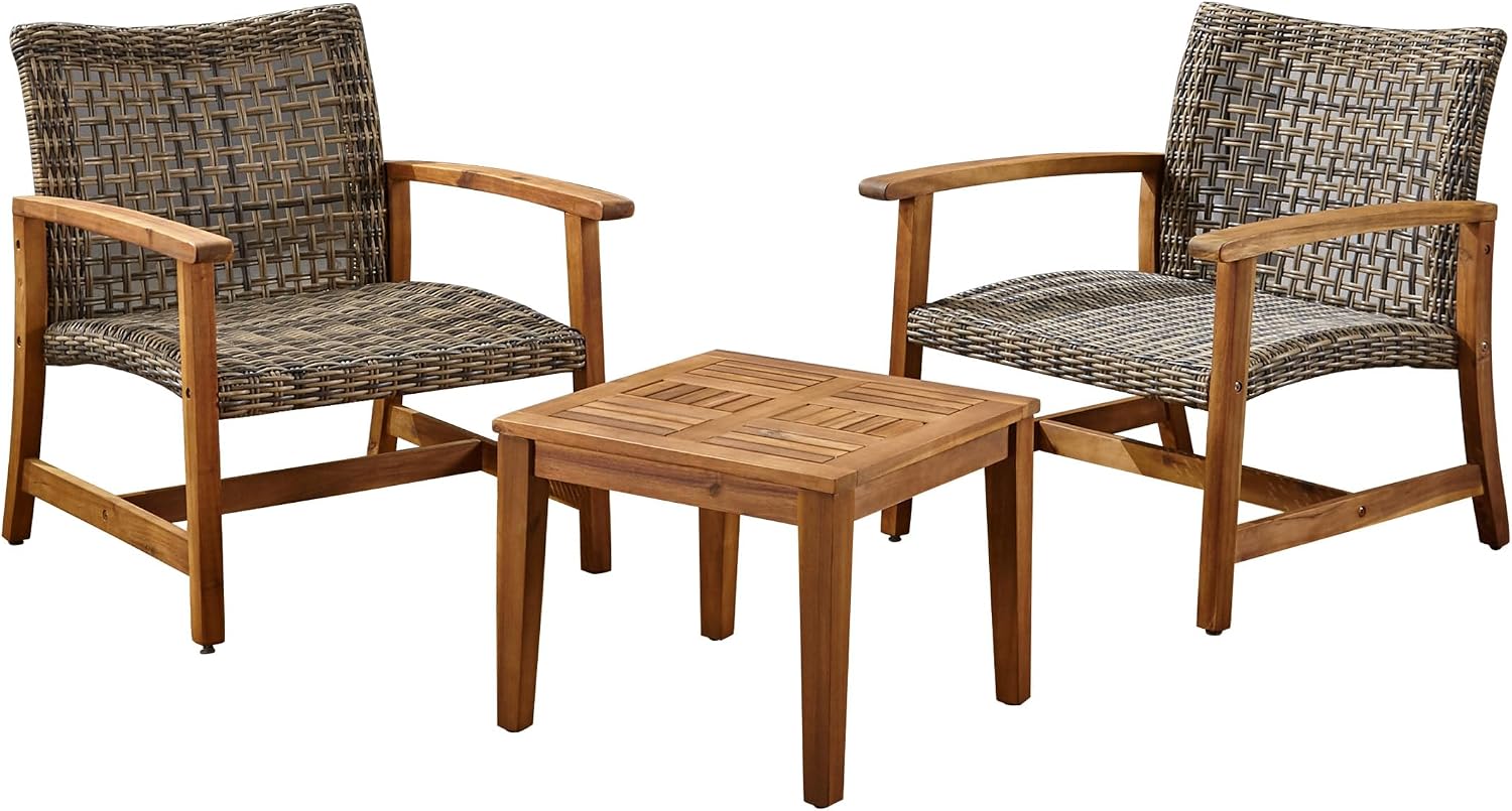 Christopher Knight Home Hampton Outdoor 3 Piece Wood and Wicker Club Chairs and Side Table Set, Gray