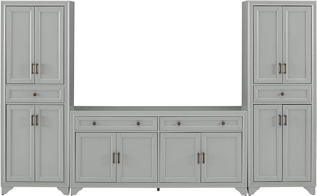 Crosley Furniture Tara 3-Piece Modern Farmhouse Sideboard Buffet Cabinet and Kitchen Storage Pantry Set, Distressed Gray