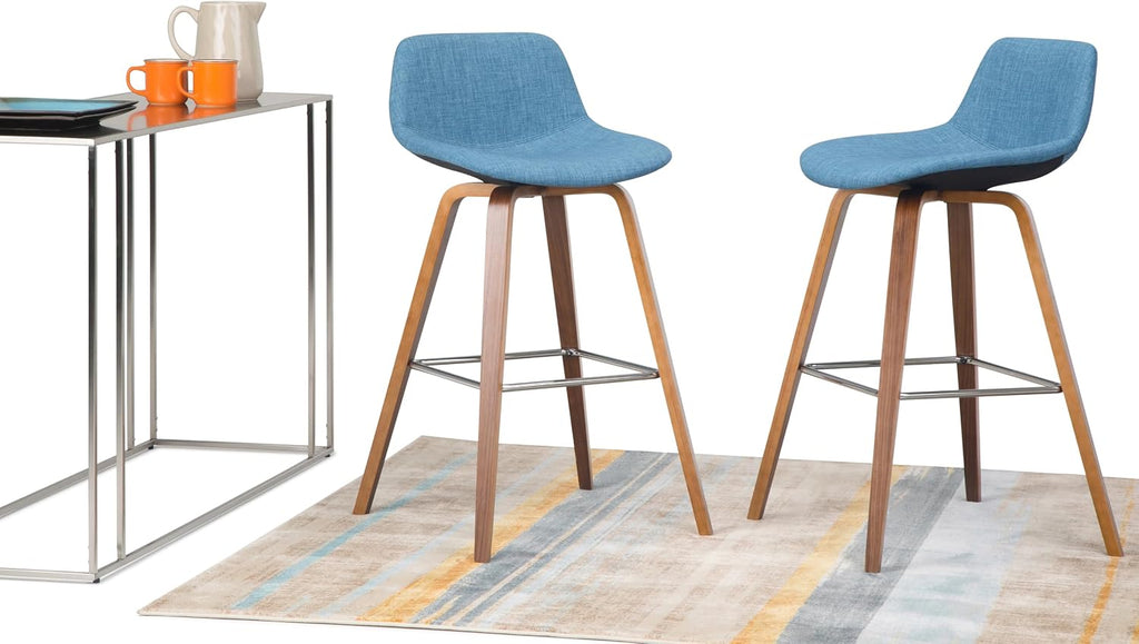 SIMPLIHOME Randolph Counter Stools (Set of 2) - 28 Inch Seat Height Upholstered Bentwood Bar Stools in Medium Blue Linen Look Fabric, Mid Century Modern Seating with Curved Backrest and Footrest