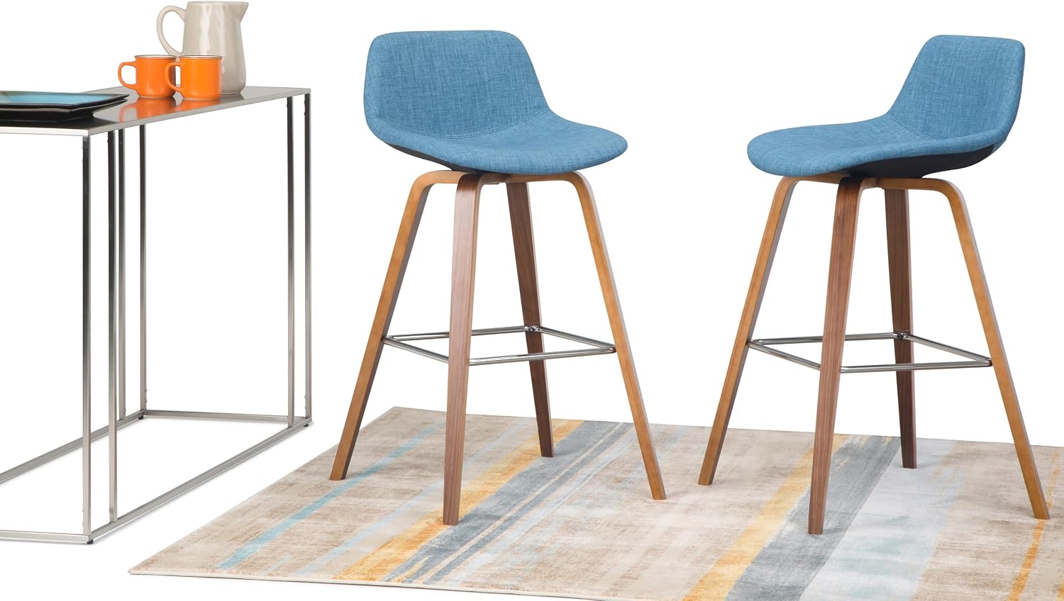 SIMPLIHOME Randolph Counter Stools (Set of 2) - 28 Inch Seat Height Upholstered Bentwood Bar Stools in Medium Blue Linen Look Fabric, Mid Century Modern Seating with Curved Backrest and Footrest