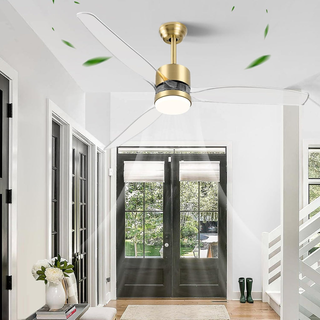 OKELI Clear Ceiling Fan with Light, 52 Inch Gold Transparent Ceiling Fans with Light and Remote 3 Reversible Blade LED Ceiling Fan and Light Combo for Living Room, Bedroom, Patio