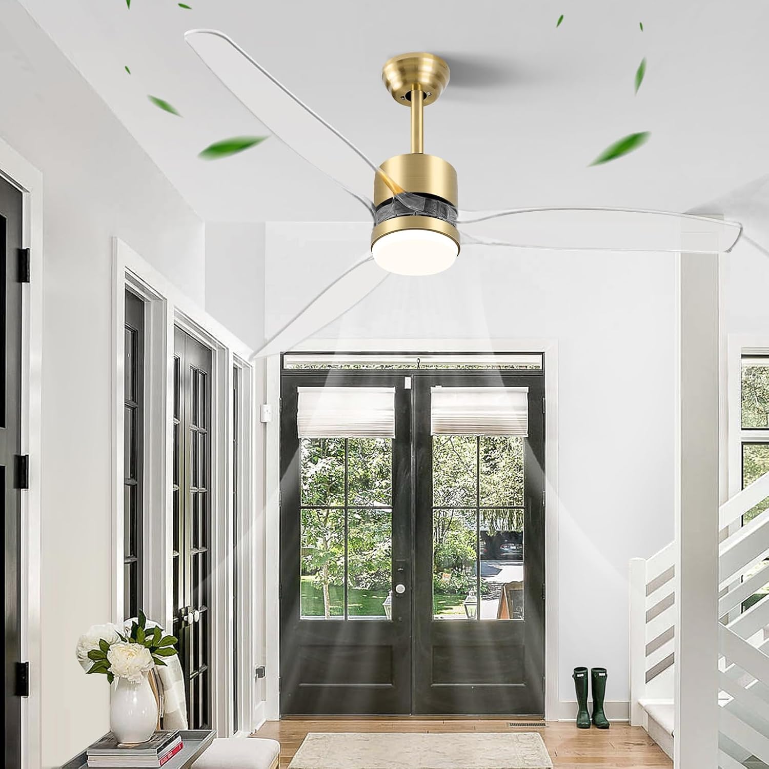 OKELI Clear Ceiling Fan with Light, 52 Inch Gold Transparent Ceiling Fans with Light and Remote 3 Reversible Blade LED Ceiling Fan and Light Combo for Living Room, Bedroom, Patio