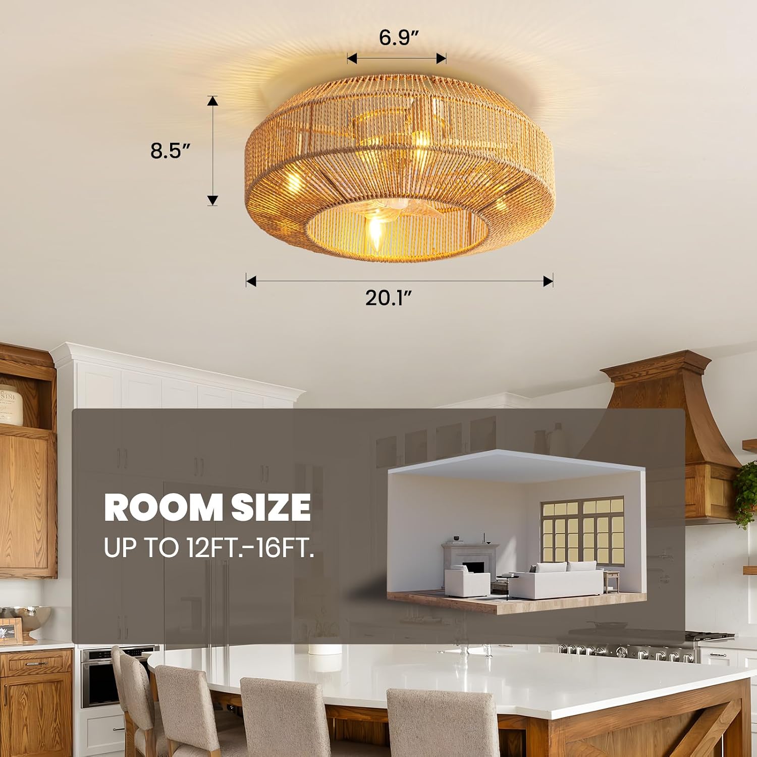 20' Boho Caged Ceiling Fan with Light Flush Mount Boho Caged Ceiling Fan Fandelier with Remote Control 6 Speeds Fandelier for Bedroom, Living Room, Kitchen