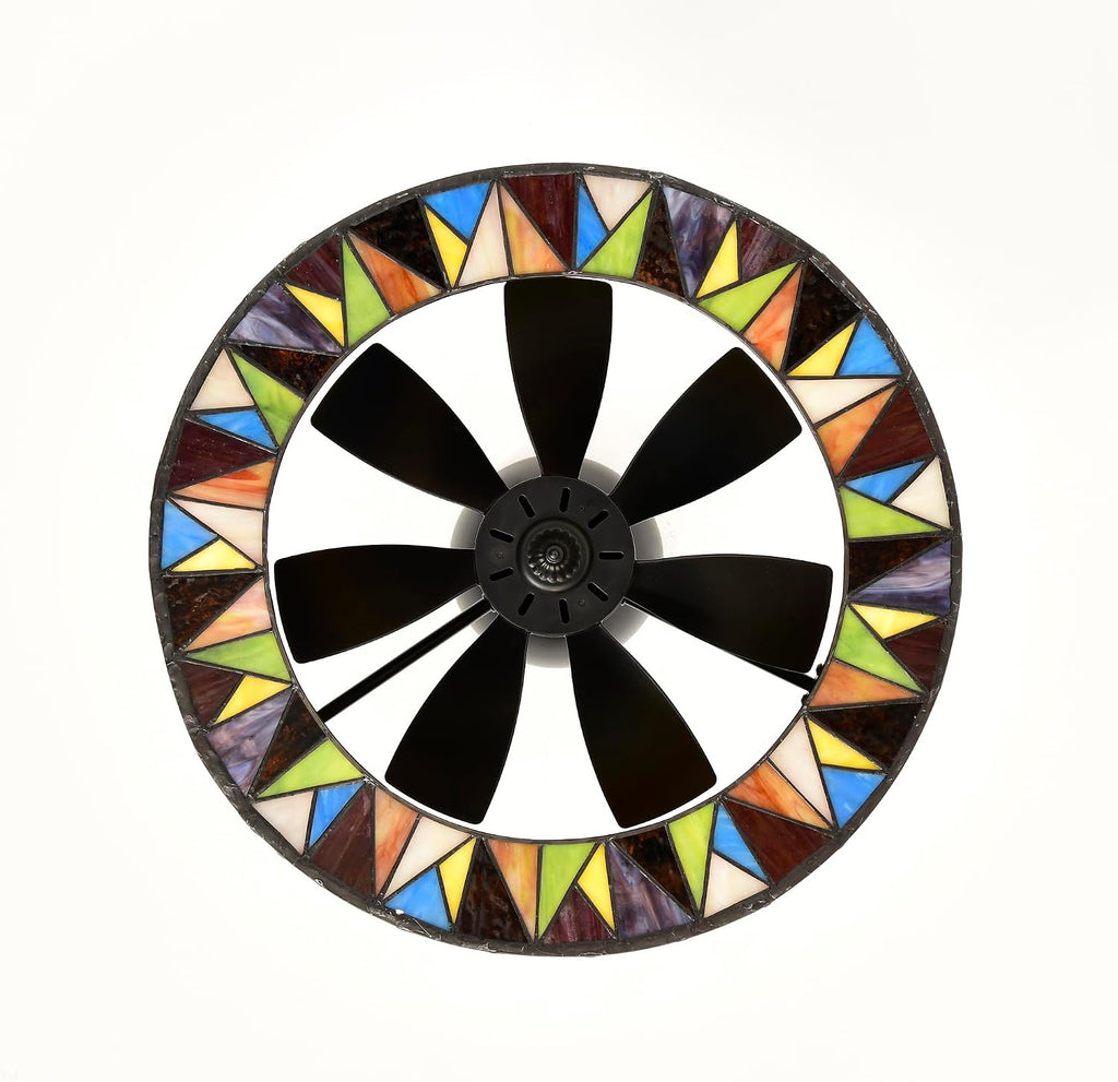 Svenja Black Lighted Ceiling Fan with Multi-Colored Earth Tones Tiffany Style Glass Shade Fandelier with Remote