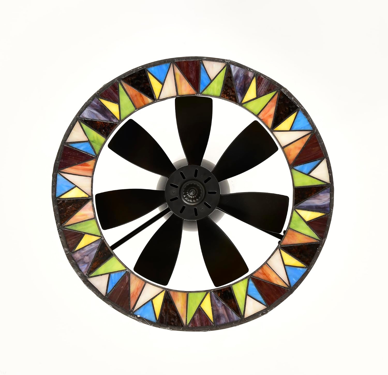 Svenja Black Lighted Ceiling Fan with Multi-Colored Earth Tones Tiffany Style Glass Shade Fandelier with Remote