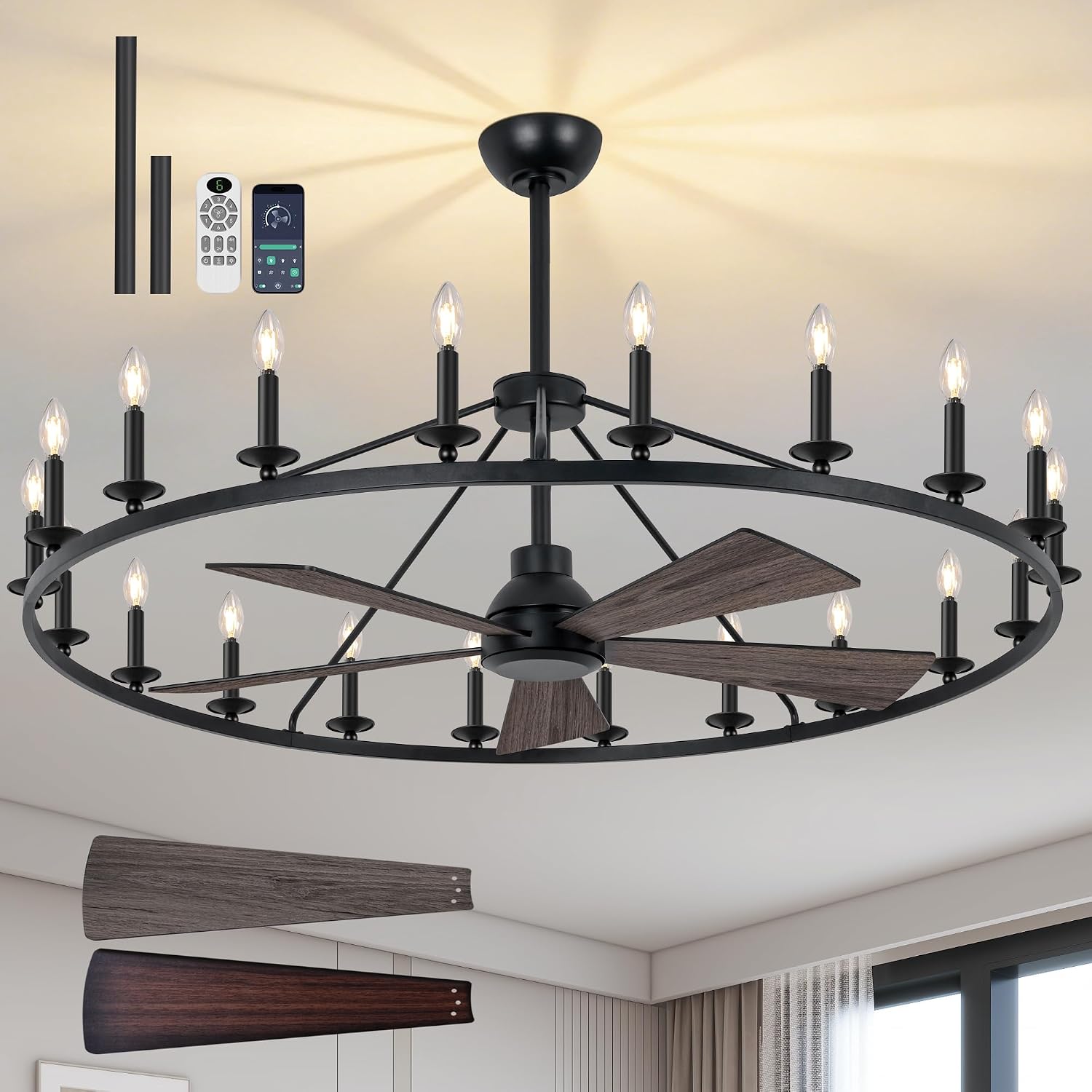 COCOSTAR 50' Black Wagon Wheel Chandelier with Fans, Farmhouse Ceiling Fan with 20-Lights and Remote, Adjustable Height, Rustic Large Fandelier for Living Room, 6-Speed Reversible Big Fandelier