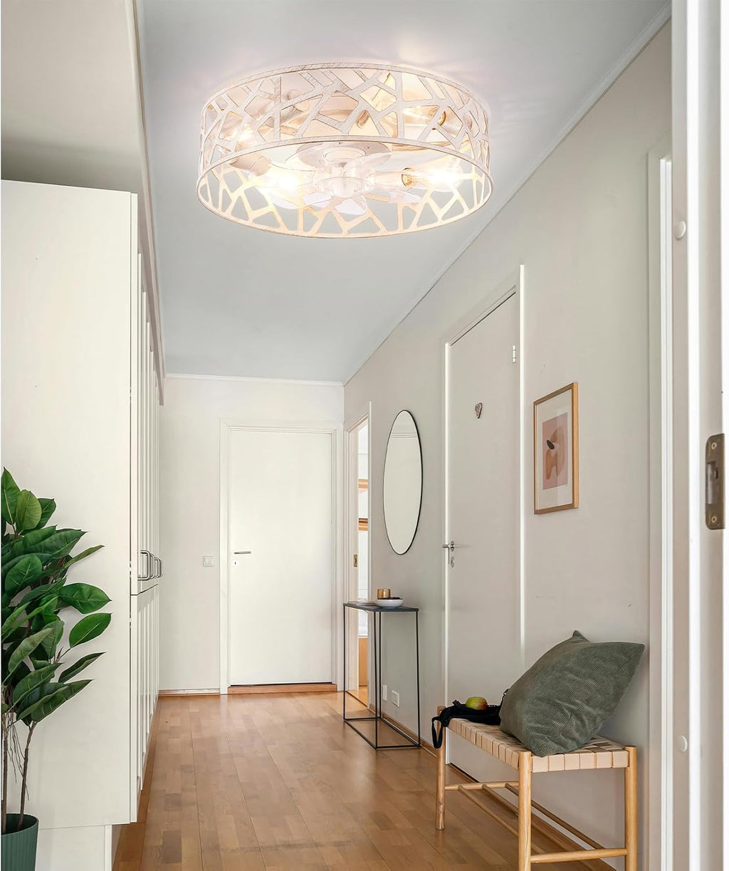 20 Inch Caged Ceiling Fans with Lights and Remote,Farmhouse Flush Mount Fandelier Ceiling Fan Vintage White, Low Profile Bladeless Ceiling Fans for Bedroom,Kitchen,Living Room