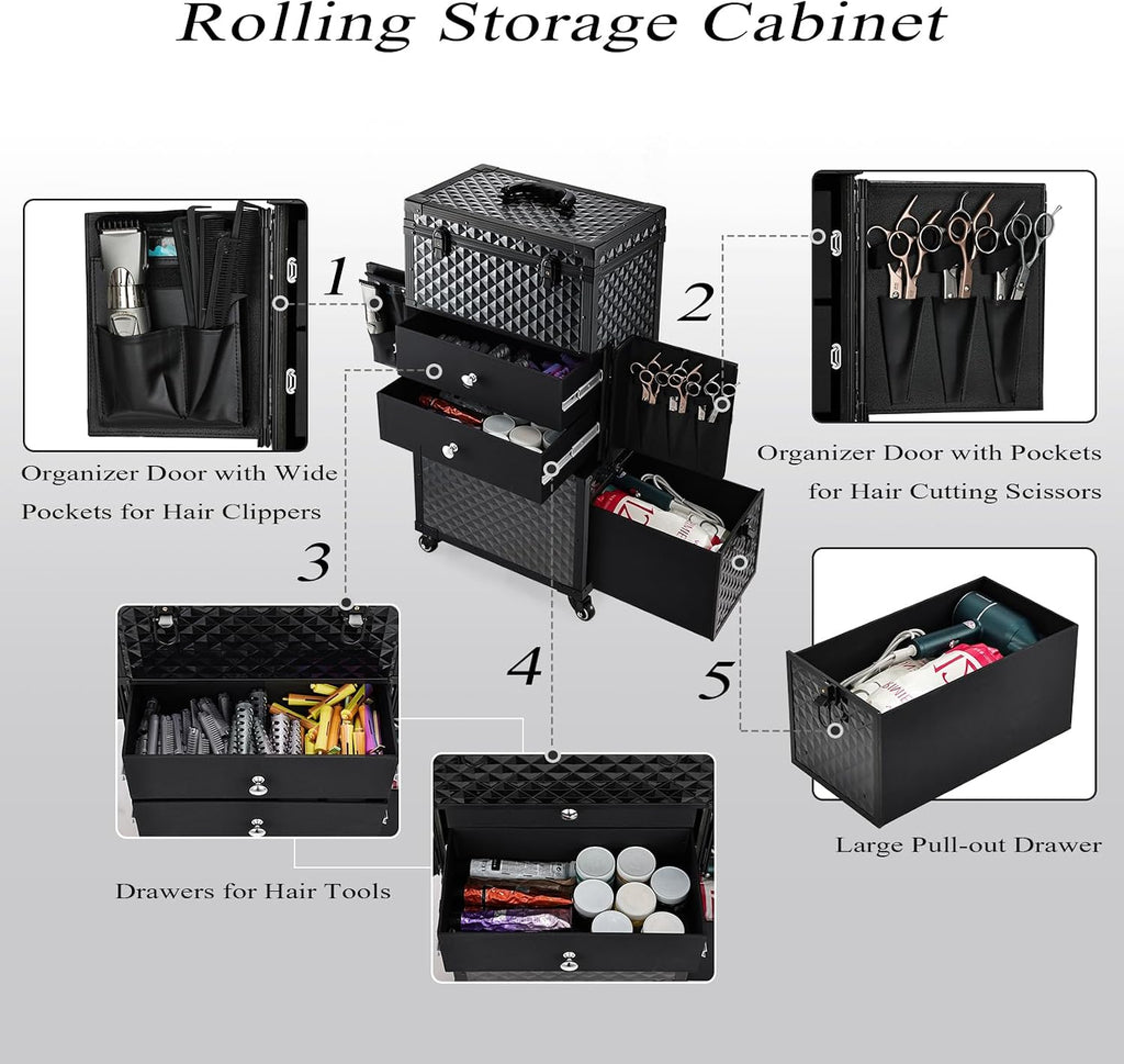 Joligrace Cosmetology Case on Wheels, Rolling Makeup Case for Hairstylists & Makeup Artists， Lockable Professional Make up Case Salon Trolley Cart with Hairdryer Holder for Salon/Barber/Travel, Black