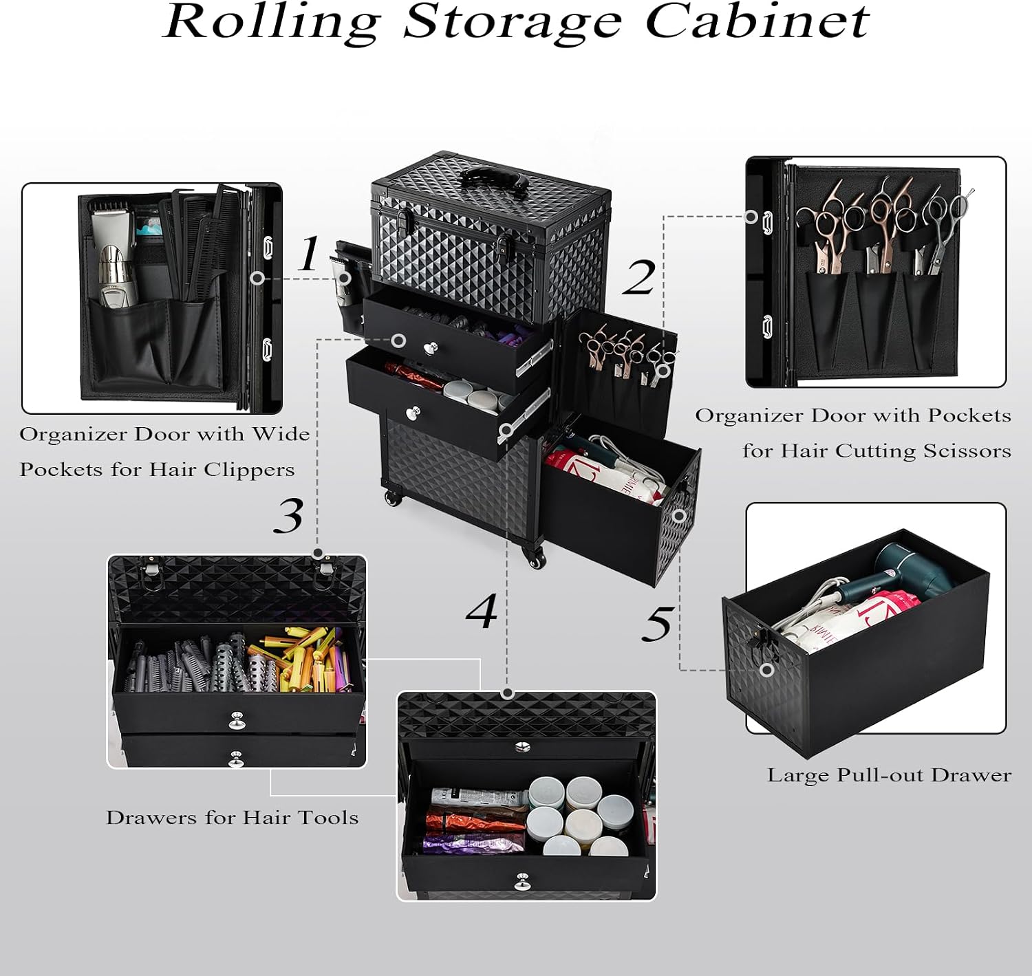 Joligrace Cosmetology Case on Wheels, Rolling Makeup Case for Hairstylists & Makeup Artists， Lockable Professional Make up Case Salon Trolley Cart with Hairdryer Holder for Salon/Barber/Travel, Black