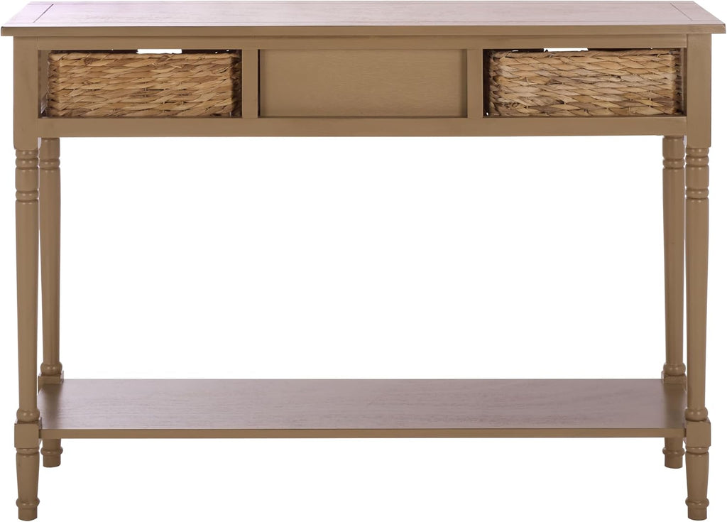 SAFAVIEH Home Collection - Christa Entryway Console Table, Desert Brown Solid Wood 3-Drawer Storage Sofa Table with Rattan Baskets (AMH5737L)