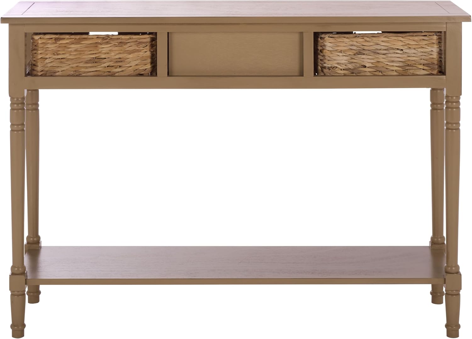 SAFAVIEH Home Collection - Christa Entryway Console Table, Desert Brown Solid Wood 3-Drawer Storage Sofa Table with Rattan Baskets (AMH5737L)