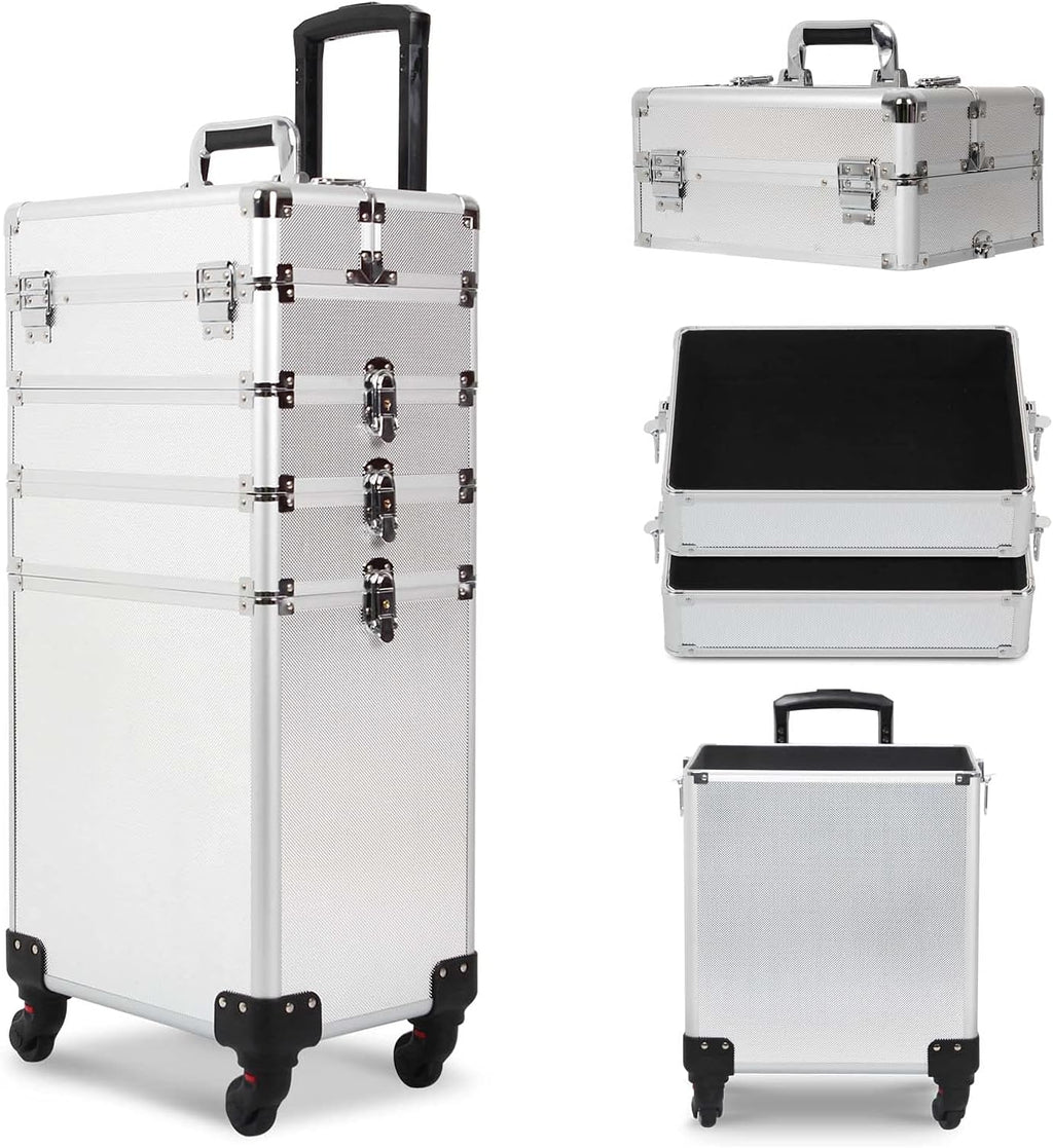 4 in 1 Rolling Makeup Train Case, Large Storage Cosmetic Trolley Makeup Travel Case with Key & Wheels Salon Barber Case Traveling Cart Trunk (SILVER)