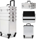4 in 1 Rolling Makeup Train Case, Large Storage Cosmetic Trolley Makeup Travel Case with Key & Wheels Salon Barber Case Traveling Cart Trunk (SILVER)