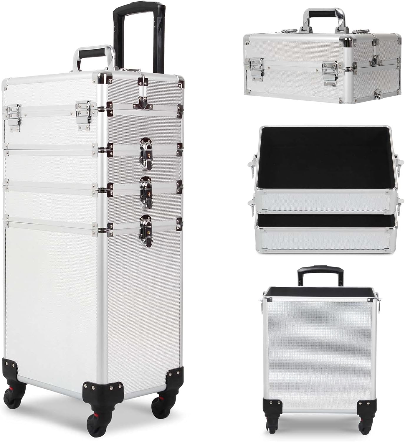 4 in 1 Rolling Makeup Train Case, Large Storage Cosmetic Trolley Makeup Travel Case with Key & Wheels Salon Barber Case Traveling Cart Trunk (SILVER)