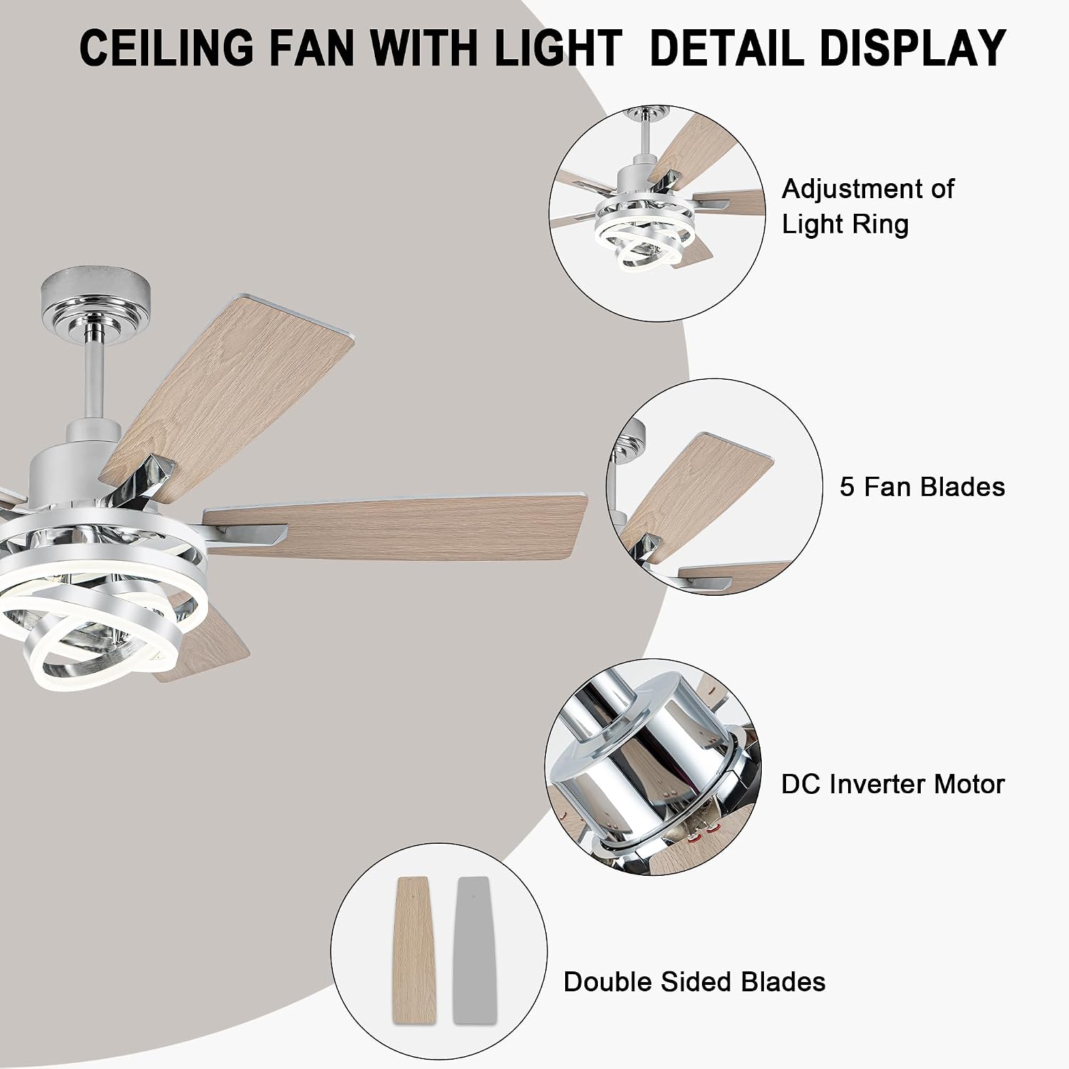 52 Inch Farmhouse Ceiling Fan with Light and Remote Control,Reversible DC Motor,Dimmable,DIY Rings LED,Chandelier Ceiling Fan with 5 Dual Finish Bladesfor Living Room/Dining Room/Bedroom