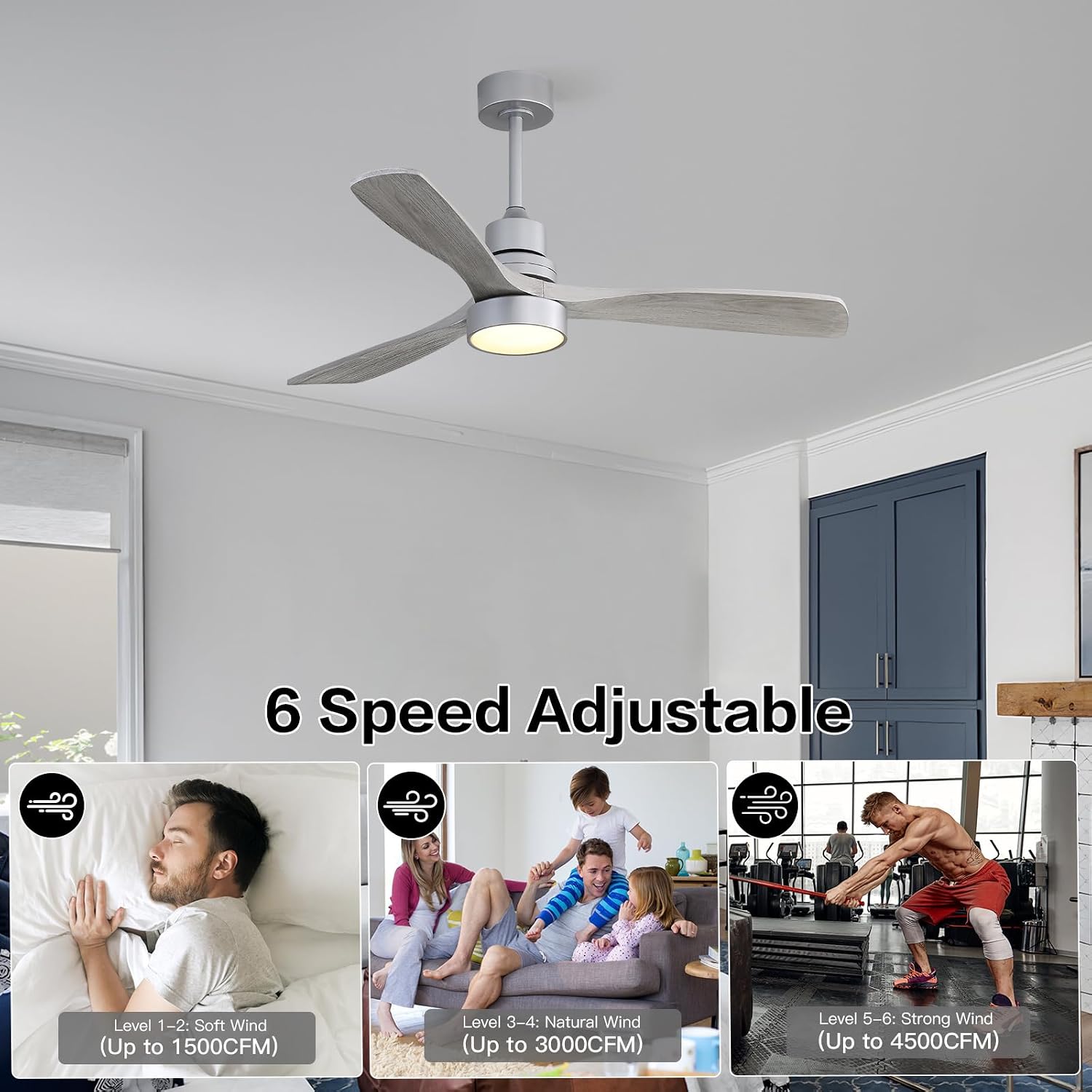 Sofucor Ceiling Fans with Lights, 52 Inch Low Profile Flush Mount Wood Ceiling Fan with Remote for Indoor Farmhouse Bedroom Living Room Outdoor Patio Porch, Reversible DC Motor, Noiseless