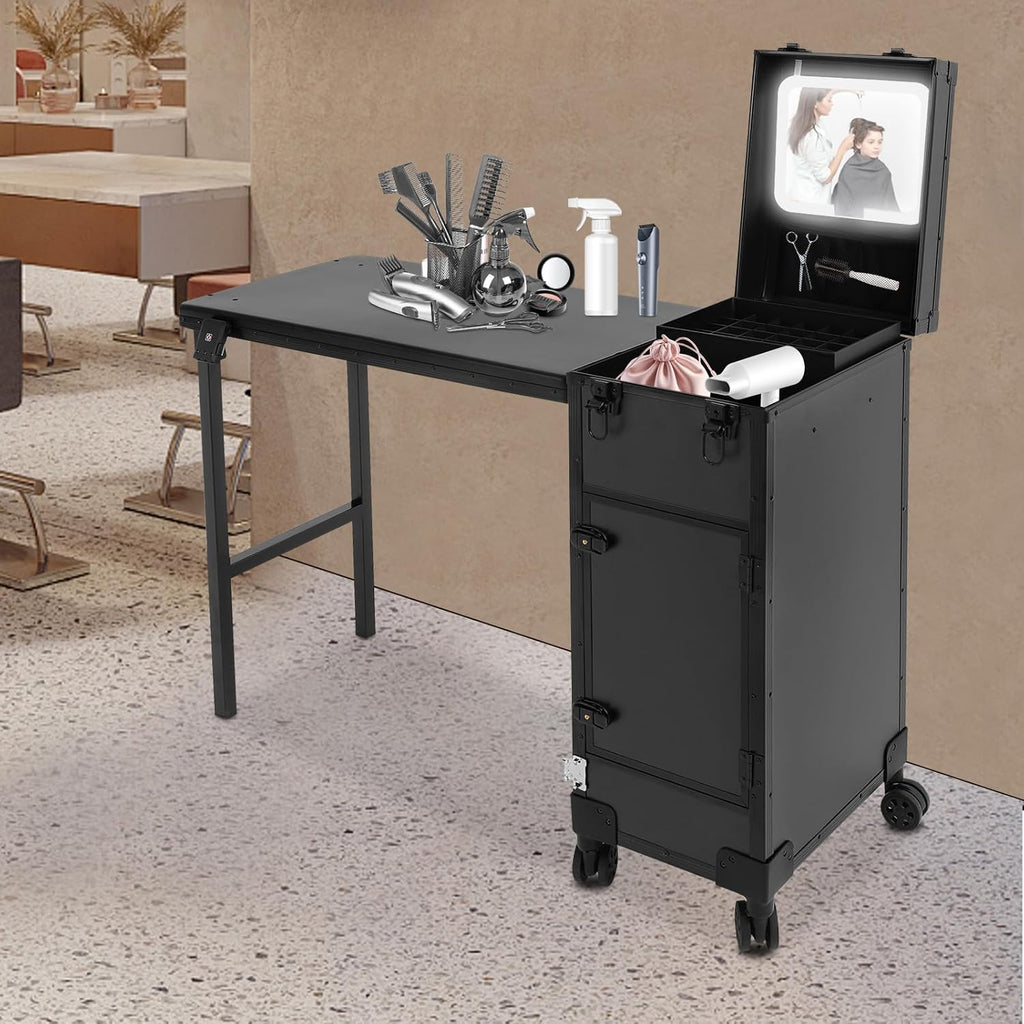Professional Rolling Makeup Case, Foldable Nail Tables with Detachable Lighted Mirror, Travel Cosmetic Trolley Storage Organizer with Drawers, Manicure for Artist (Black 3)