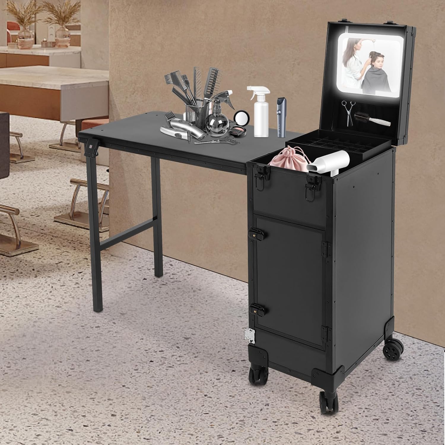 Professional Rolling Makeup Case, Foldable Nail Tables with Detachable Lighted Mirror, Travel Cosmetic Trolley Storage Organizer with Drawers, Manicure for Artist (Black 3)