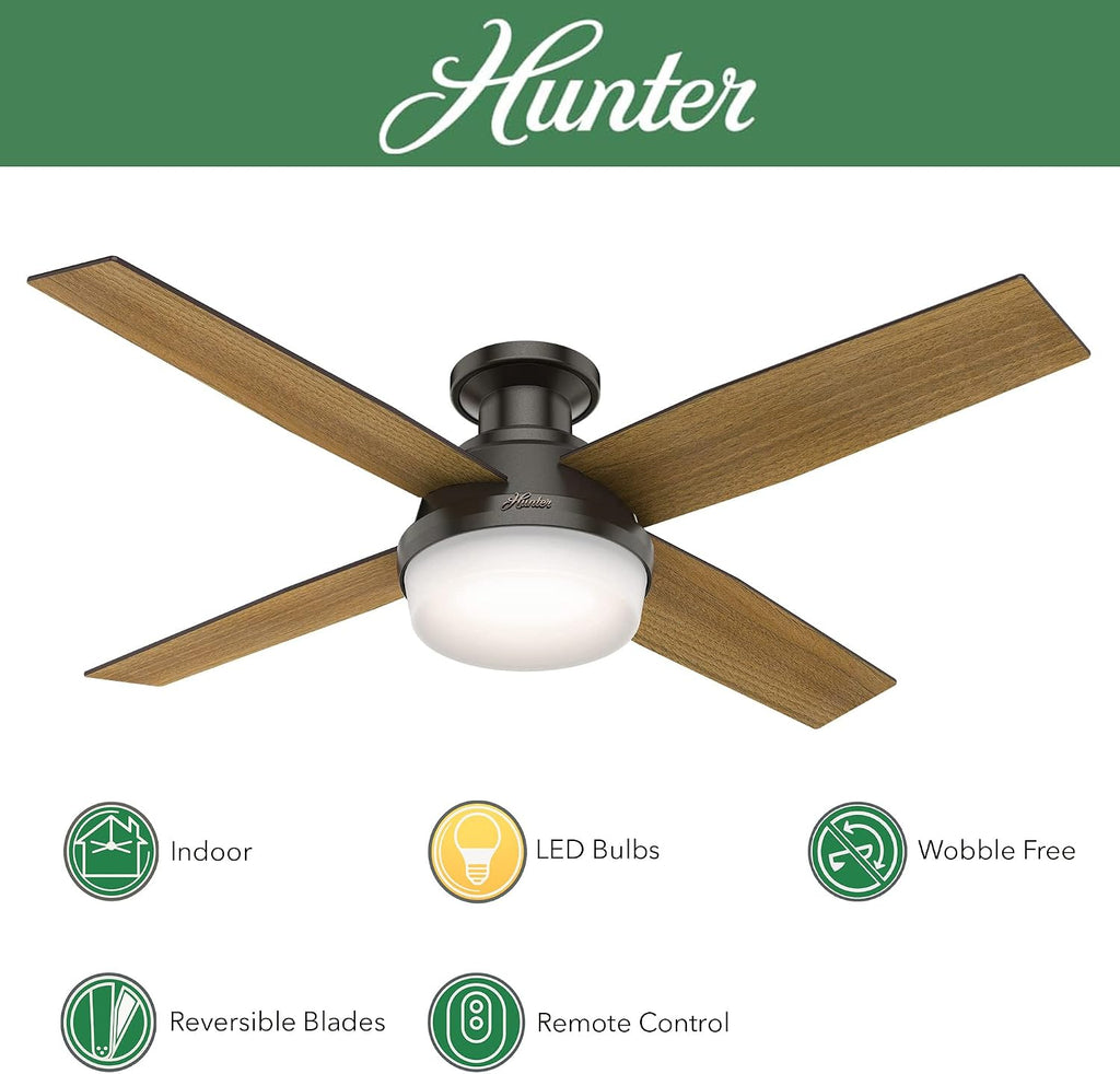 Hunter Fan 52 inch Contemporary Noble Bronze Finish Indoor Ceiling Fan with LED Light Kit and Remote Control (Renewed)
