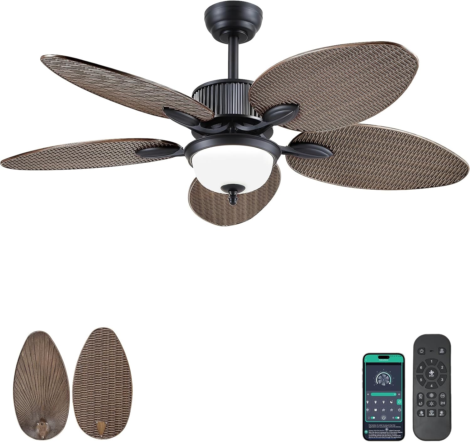 Wiviniya 50 Inch Tropical Ceiling Fans with Lights, Palm Leaf Waterproof Outdoor Ceiling Fan for Patios Porch, Remote/APP Control, Wet Rated, Glass Lampshade, Quiet DC Motor, Dimmable LED, Dark Brown
