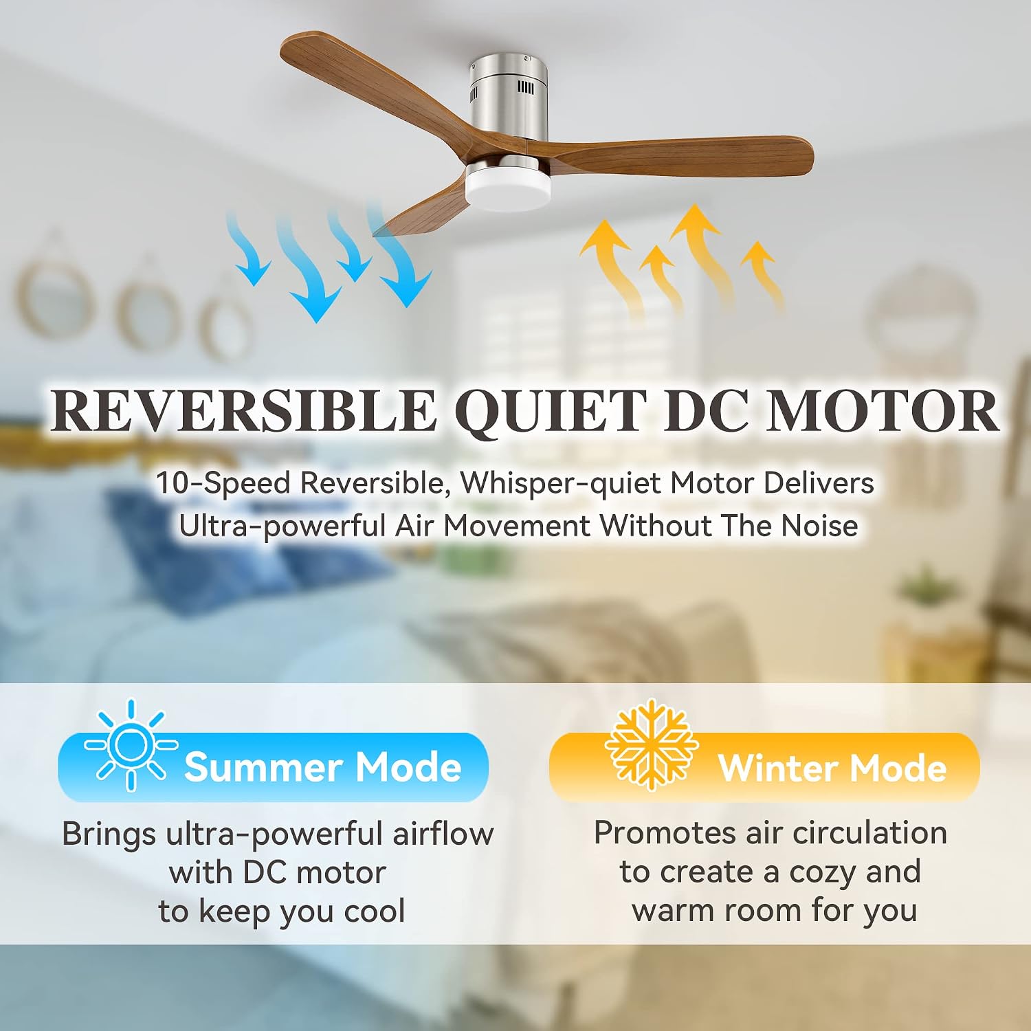 SMAAIR 52 Inch Flush Mount Ceiling Fan with Light, Low Profile Outdoor Ceiling Fan with Remote and Dimmable Light, 10 Speed DC Motor, Compatible with Alexa/Google Assistant/Siri Shortcuts (Wood)