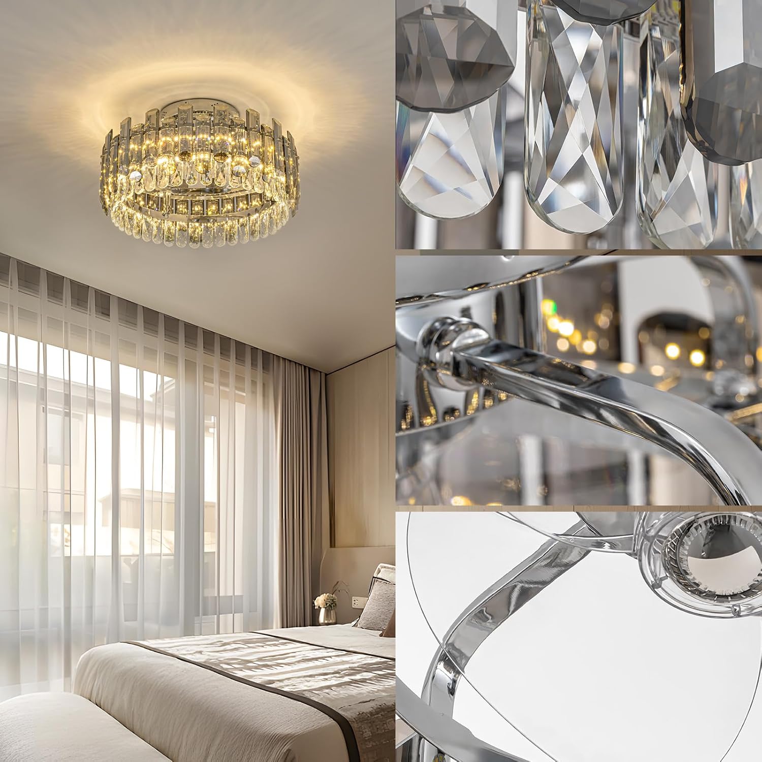Crystal Ceiling Fan with Lights, Modern Chandelier Ceiling Fan with Remote, 6-Speed Wind, Dimmable LED, 20' Low Profile Ceiling Fan for Bedroom Dining Room Living Room