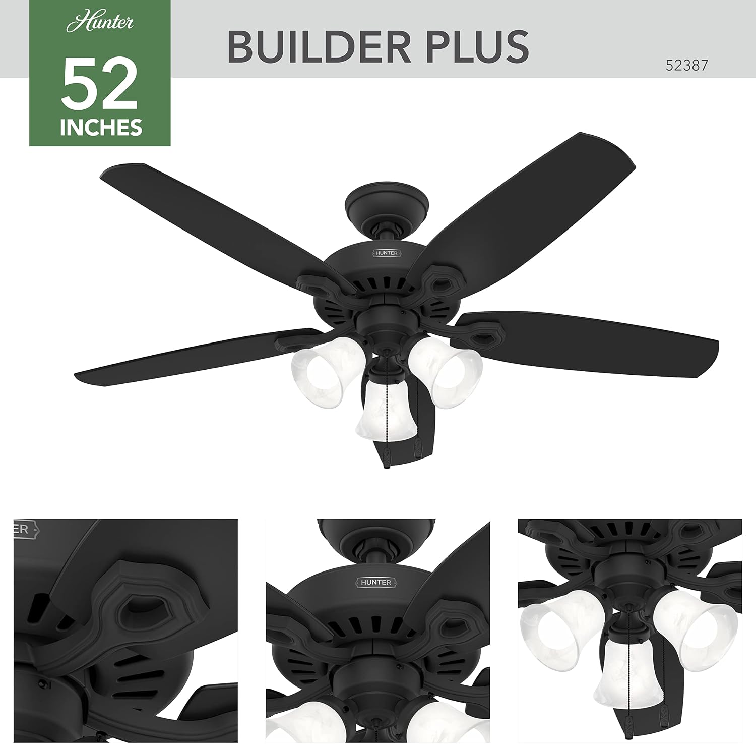 Hunter 52 inch Indoor Ceiling Fan with LED Lights - Black Ceiling Fan with Pull Chain, For Bedroom or Living Room, Standard Mount, No Remote, 5 Blades, Includes Bulbs- Builder Plus 52387, Matte Black