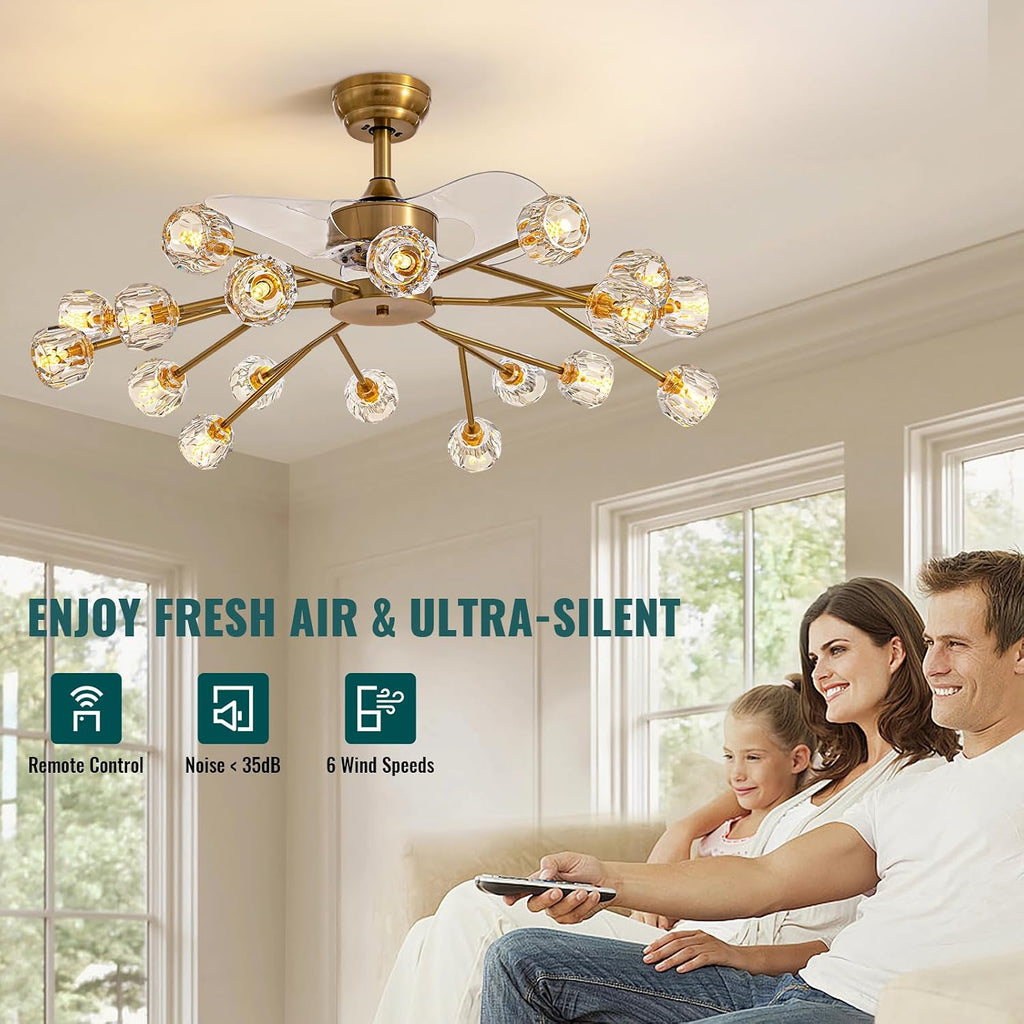 Siljoy 18 Lights Modern Crystal Ceiling Fan Light and Remote Control, Farmhouse Brass Gold Sputnik Crystal Fandelier, Reversible Ceiling Fan Light Kit for Living Dining Room Bedroom 42 Inches